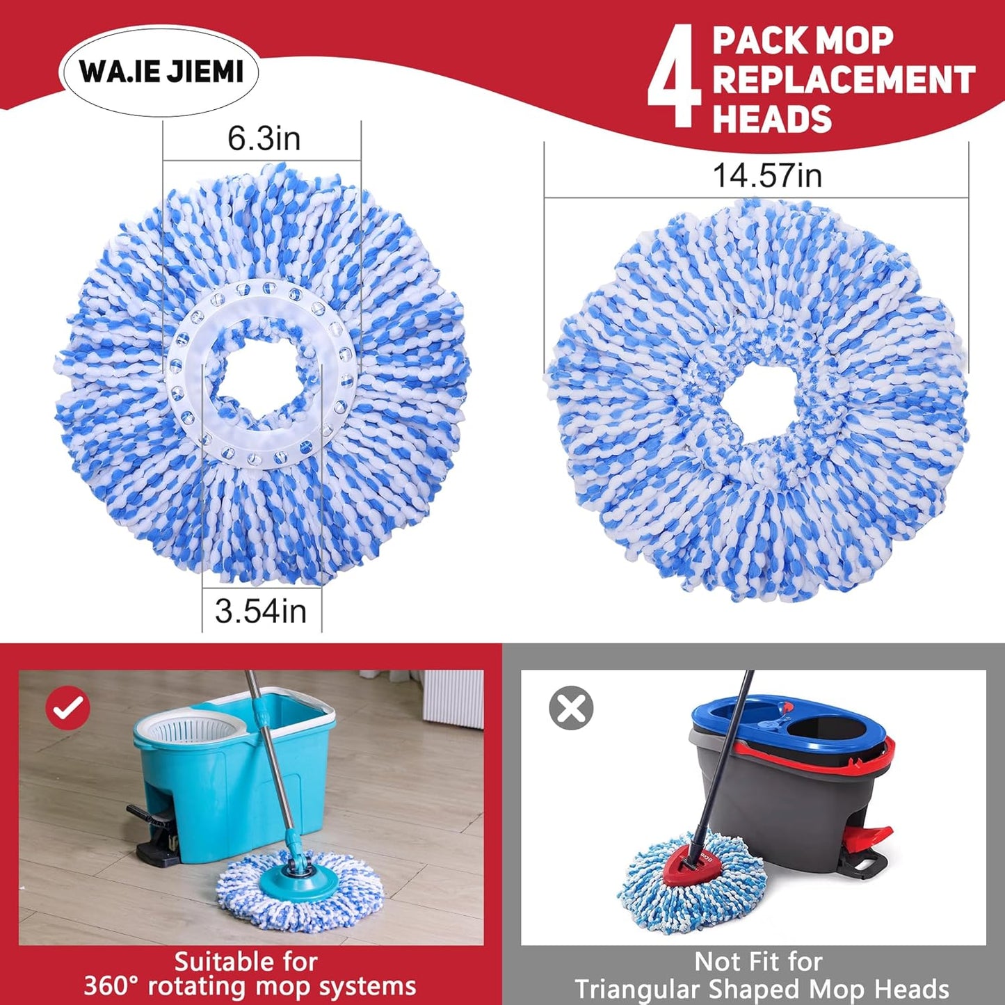 Mop Replacement Heads - 4-Pack Blue Microfiber Replacement Mop Heads Universal for 360°Spin Magic Mopping,Round Shape Standard Size