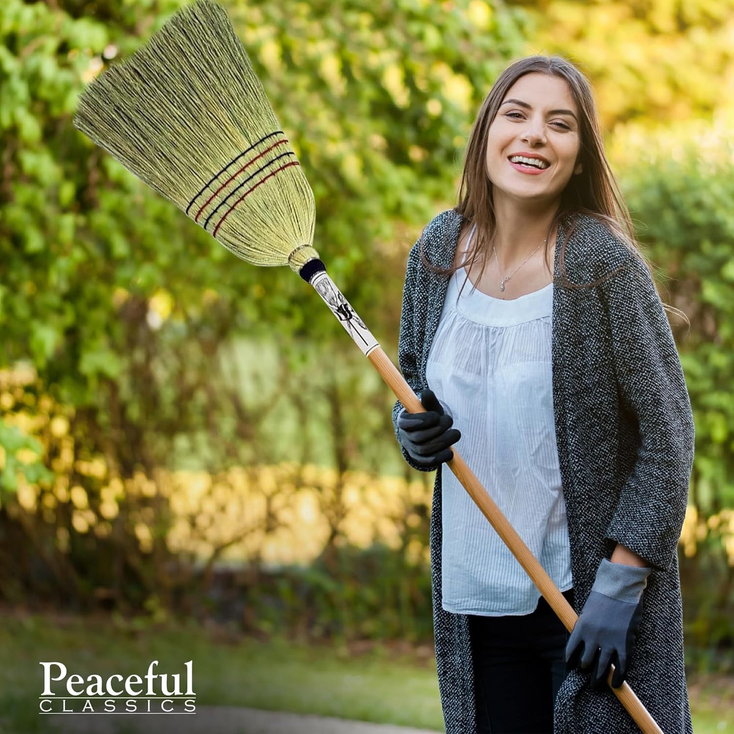 Handmade Amish Corn Broom with Wooden Handle – 57" Heavy Duty Broom for Courtyard, Lobby & Market, 100% Corn Fill Straw Broo'm, 4 Sews Indoor & Outdoor Bristle for Sweeping - Yellow