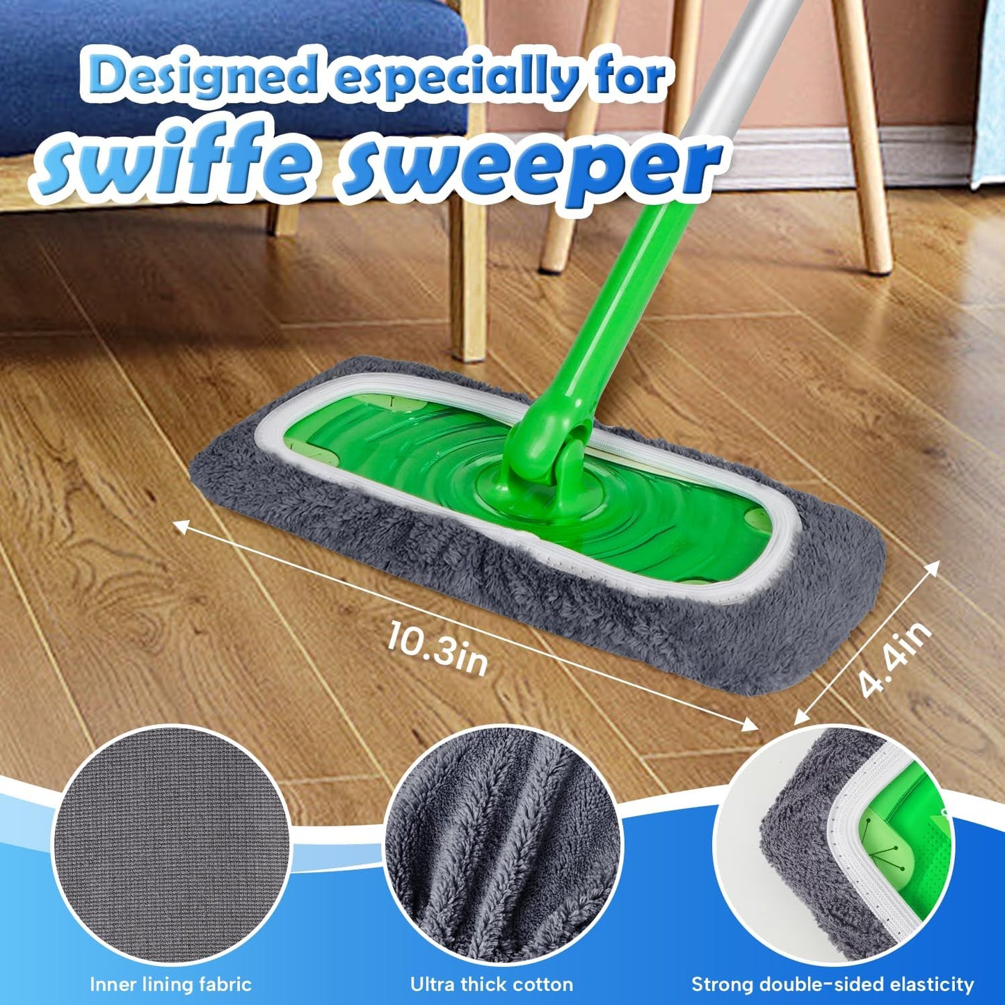 6 Pack Reusable Microfiber Mop Pads Compatible with Swiffer Sweeper Mop, Dry Sweeping Cloths & Wet Mopping Cloths, Washable Mop Pads for Surface/Hardwood Floor Cleaning (Mop is Not Included)