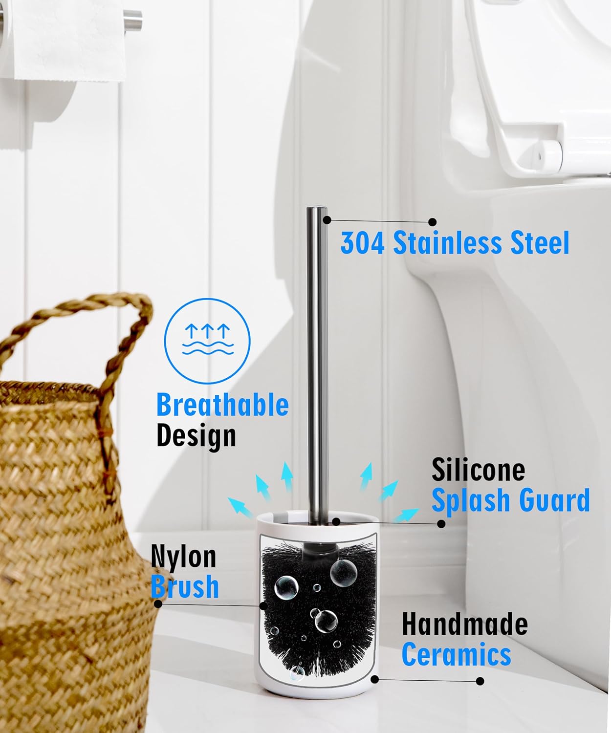 Ceramic Toilet Brush & Holder Set - Freestanding Deep-Cleaning Toilet Bowl Cleaner Brush, Stainless Steel Handle, Small & Sturdy for Storage, Easy to Clean, Non-Scratching