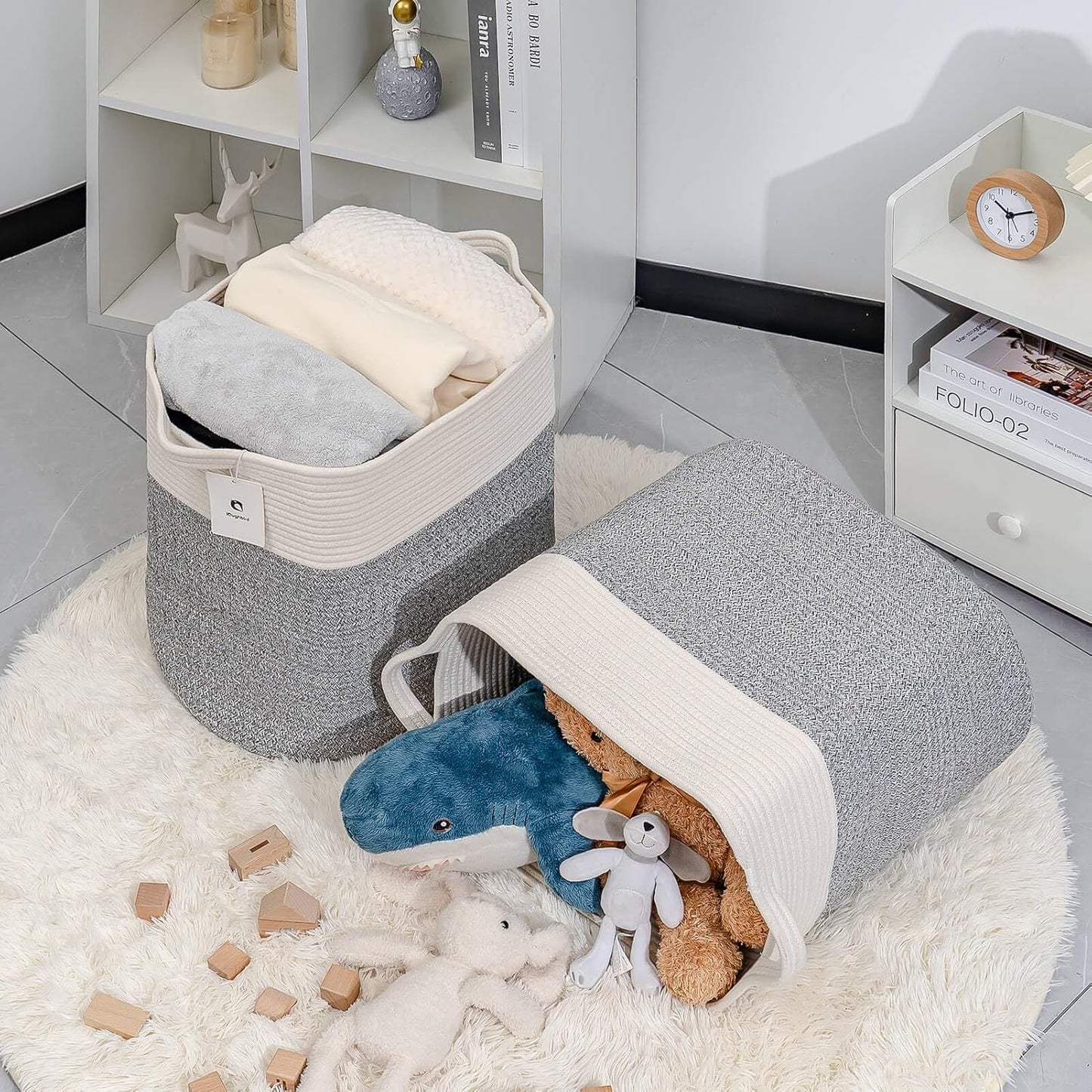 Storage Baskets for Clothes Fabric Cotton Rope Storage Basket with Handles, Decorative Woven Basket for Living Room,Closet Organizer Blankets, and 2bags (Silver Gray, L14×W11×H14)