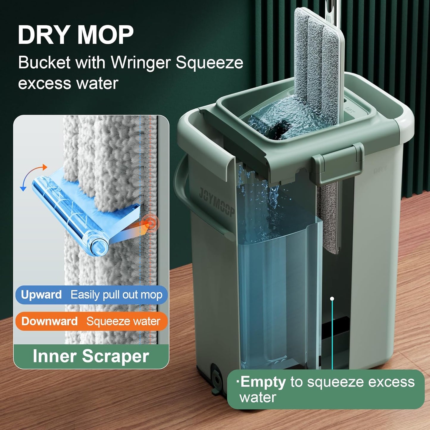 JOYMOOP Mop and Bucket with Wringer Set, Flat Squeeze Mop with Bucket (X-Large), Dust Mop for Wall Cleaner with Long Handle, Microfiber Mop - Green Bucket with 3 Reusable 15" Pads