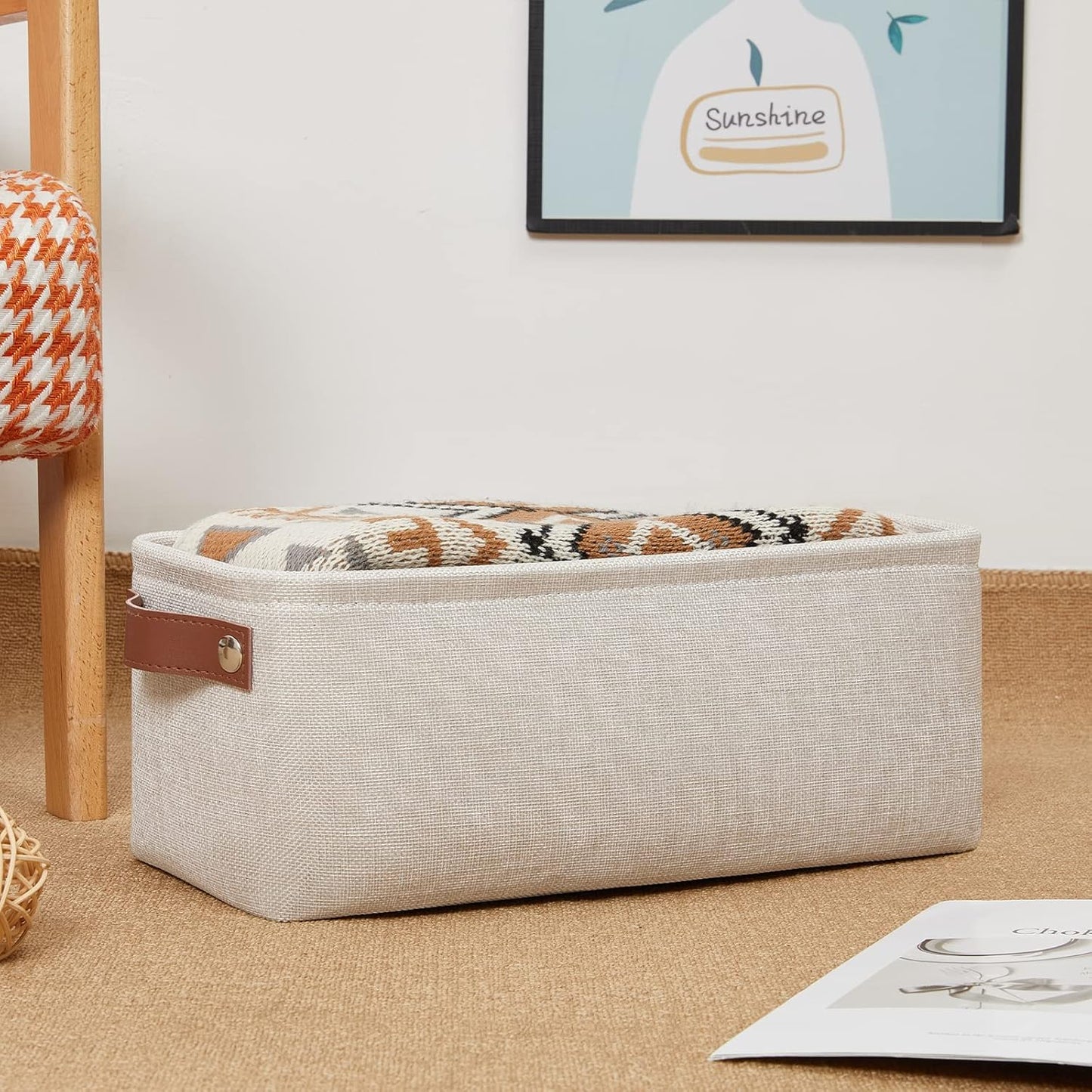 DULLEMELO Small Storage Basket, Toilet Paper Basket Narrow Storage Bin for Bathroom, Bathroom Basket for Organizing with Leather Handles, Canvas Storage Basket for Toilet Magazine Holder(Beige)