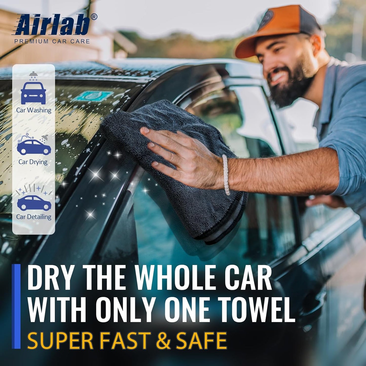 Airlab Microfiber Towels for Cars Wash Drying Extra Large Super Absorbent Cleaning Cloth Auto Detailing Ultra Soft, Lint-Free, Streak-Free, 35 x 24 Inch, Pack of 1, Grey-Black, 600 GSM