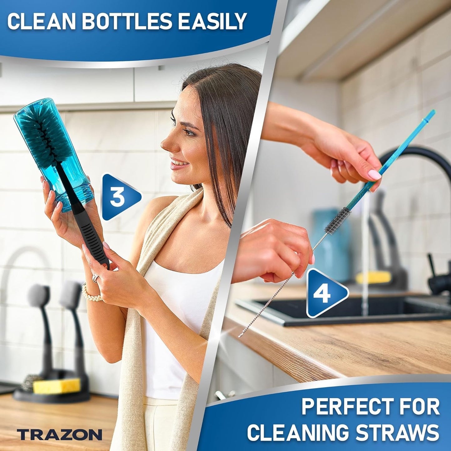 Dish Brush Set of 5 with Holder - Kitchen Scrub Brushes with Non-Slip Long Handle for Cleaning, Scrubber, Dishwashing, Dishes, Bottles, Straws, Cups, Pots & Sink, Black