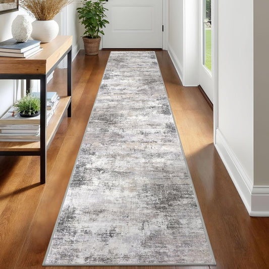 IOHOUZE Abstract Runner Rug 2x12 Ft Washable Runners for Hallways, Non Slip Kitchen Runner Printed Faux Wool Entryway Runner Indoor, Modern Abstract Floor Carpet for Hall Kitchen, Grey Beige