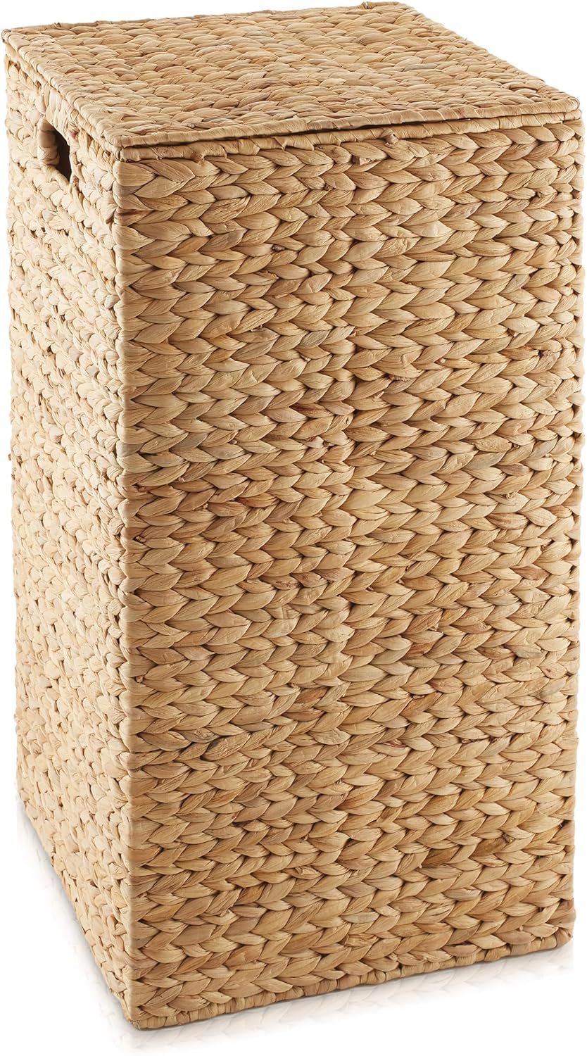 Casafield Laundry Hamper with Lid and Removable Liner Bag - Natural, Woven Water Hyacinth Square Laundry Basket Sorter for Clothes and Towels