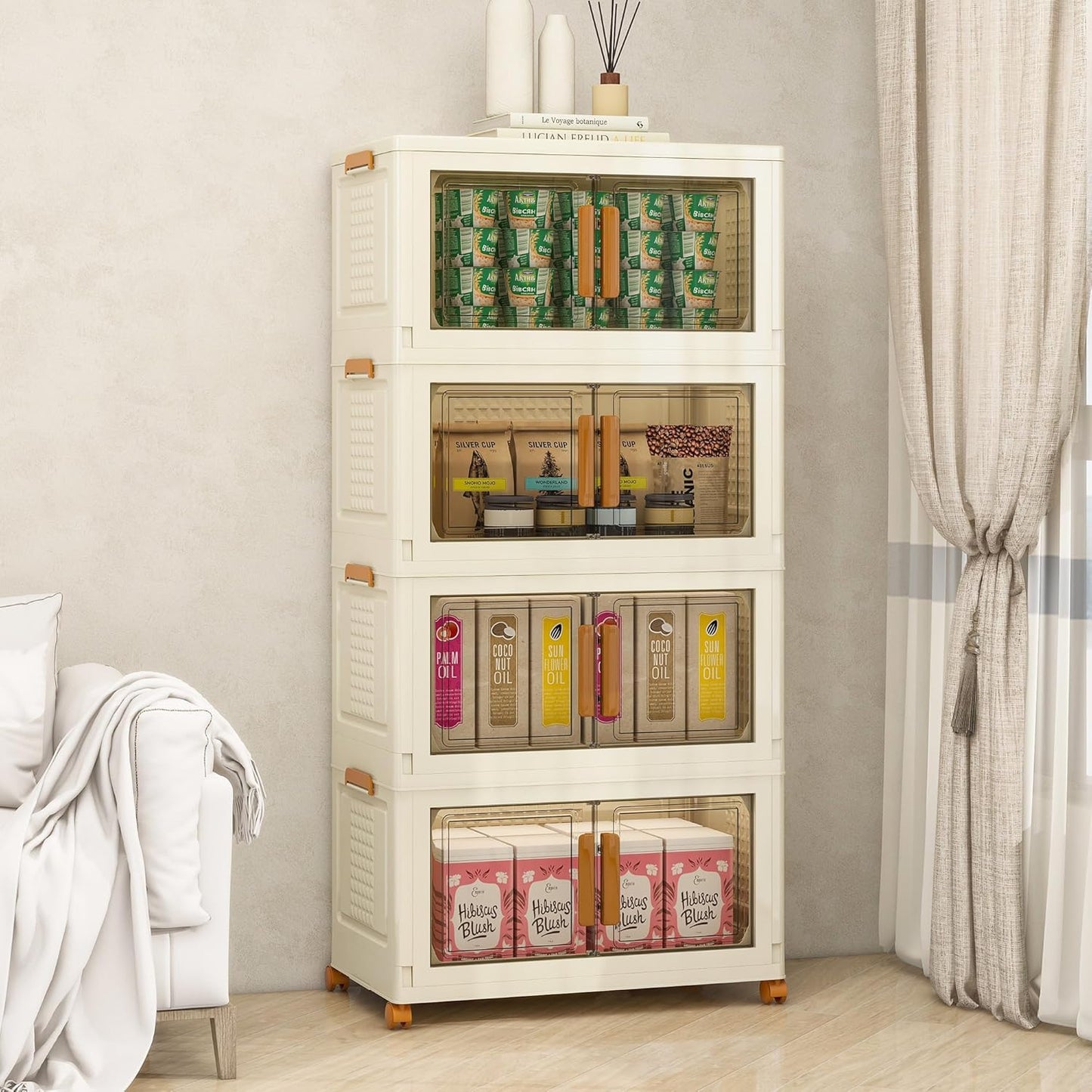 Plastic Stackable Storage Bins with Lids and Wheels, Foldable Closet Organizers and Storage Containers for Bathroom, Collapsible Clear Drawer Storage Cabinet with Doors White 22.4Gal 4Tiers