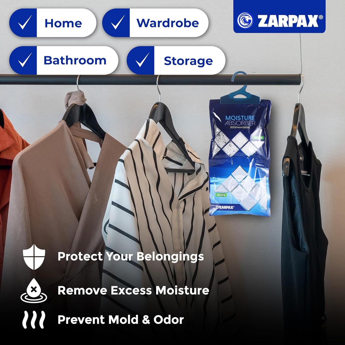 Hanging Moisture Absorber Activated Charcoal 10.6 oz/300g | Moisture Absorbing Bags for Bathroom, Closet & Kitchen | Removes Moisture, Humidity & Odors | Portable Dehumidifier | Set Of 20