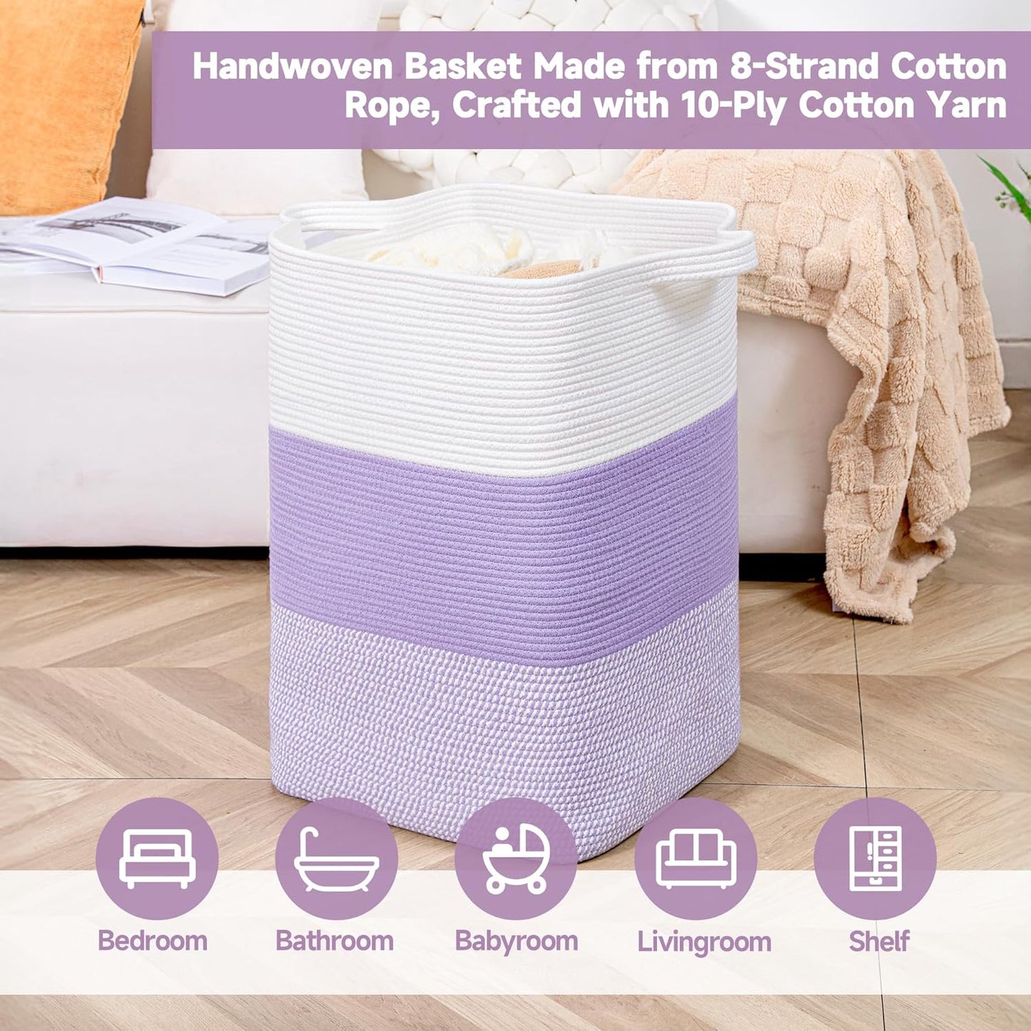 CLHMILY&Z 95L Laundry Basket Rectangular Lavender Rope - 16x15x24 Inches - Dirty Clothes and Soft Storage Bin for Blankets, Toys, and Nursery Essentials