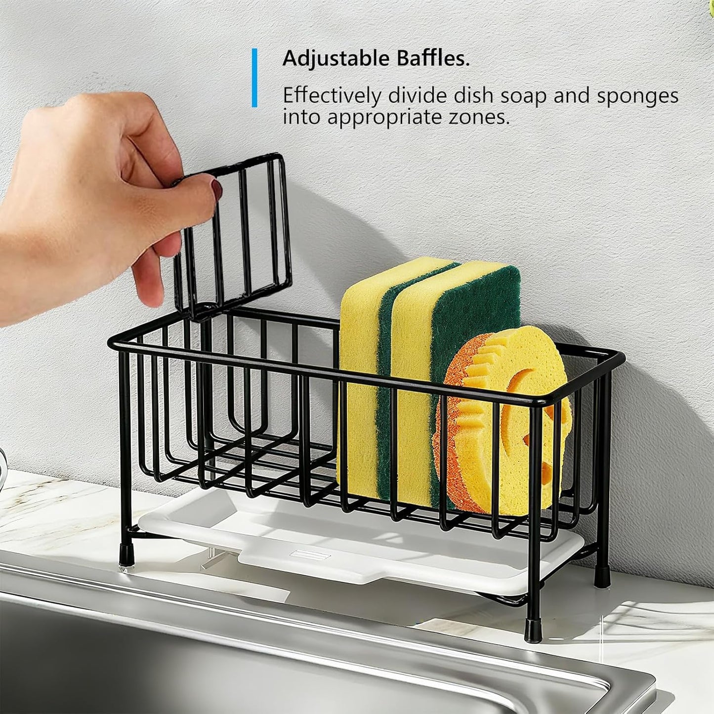 Kavciva Sink Caddy Sponge Holder,304 Stainless Steel Dish Brush Holder,Kitchen Countertop Sink Rack,Dish Soap Holder,Dishwashing Tool Drying Tray with Adjustable Partitions,Essential Kitchen Shelves