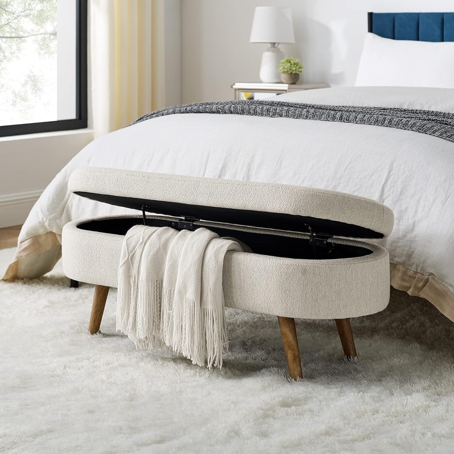 Storage Bench, 43" Storage Ottoman Bench for Bedroom, Upholstered Entryway Benches with Seating, Rubber Wood Legs, Shoe Storages Benches for Bedroom, Living Room, Entryway, Bed Side, Beige