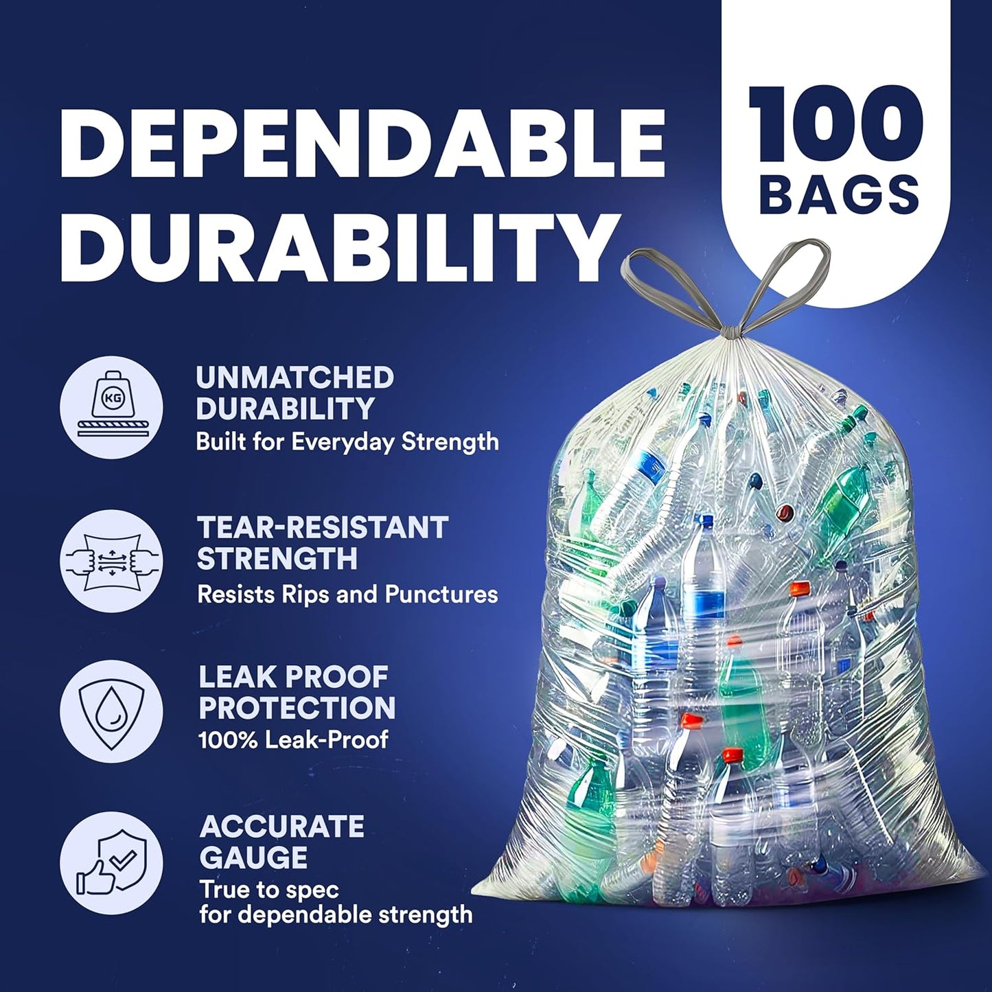 Plasticplace 32-33 Gallon Recycling Bags │ 0.9 Mil │ Clear Drawstring Garbage Can Liners │ 33" x 38" (100 Count)