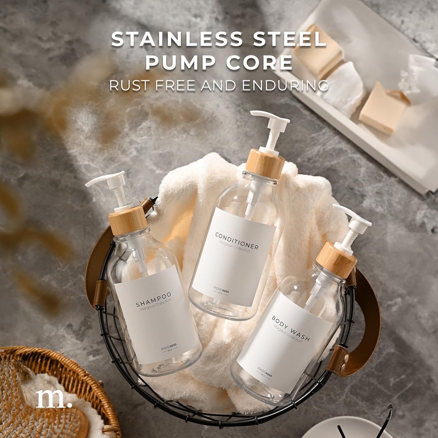 MaisoNovo Refillable Shampoo and Conditioner Bottles | 16.9 fl oz Set of 3 Clear Plastic Bottles White Bamboo Pumps