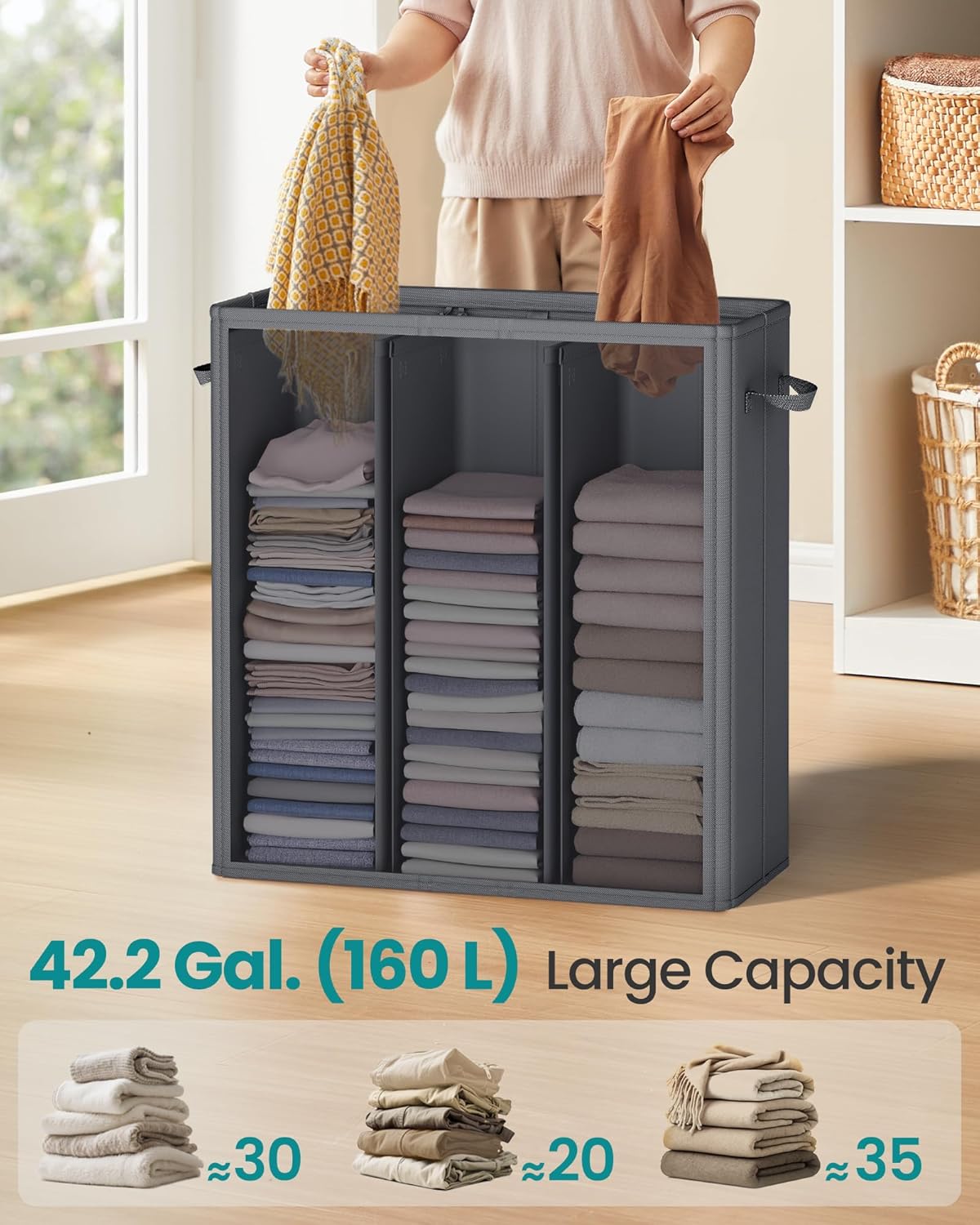SONGMICS 42.2 Gallon (160 L) Laundry Hamper, 3-Compartment Laundry Basket Sorter with Lid, Labels, Removable Liner Bags, for Bedroom, Dark Gray URLH013G01