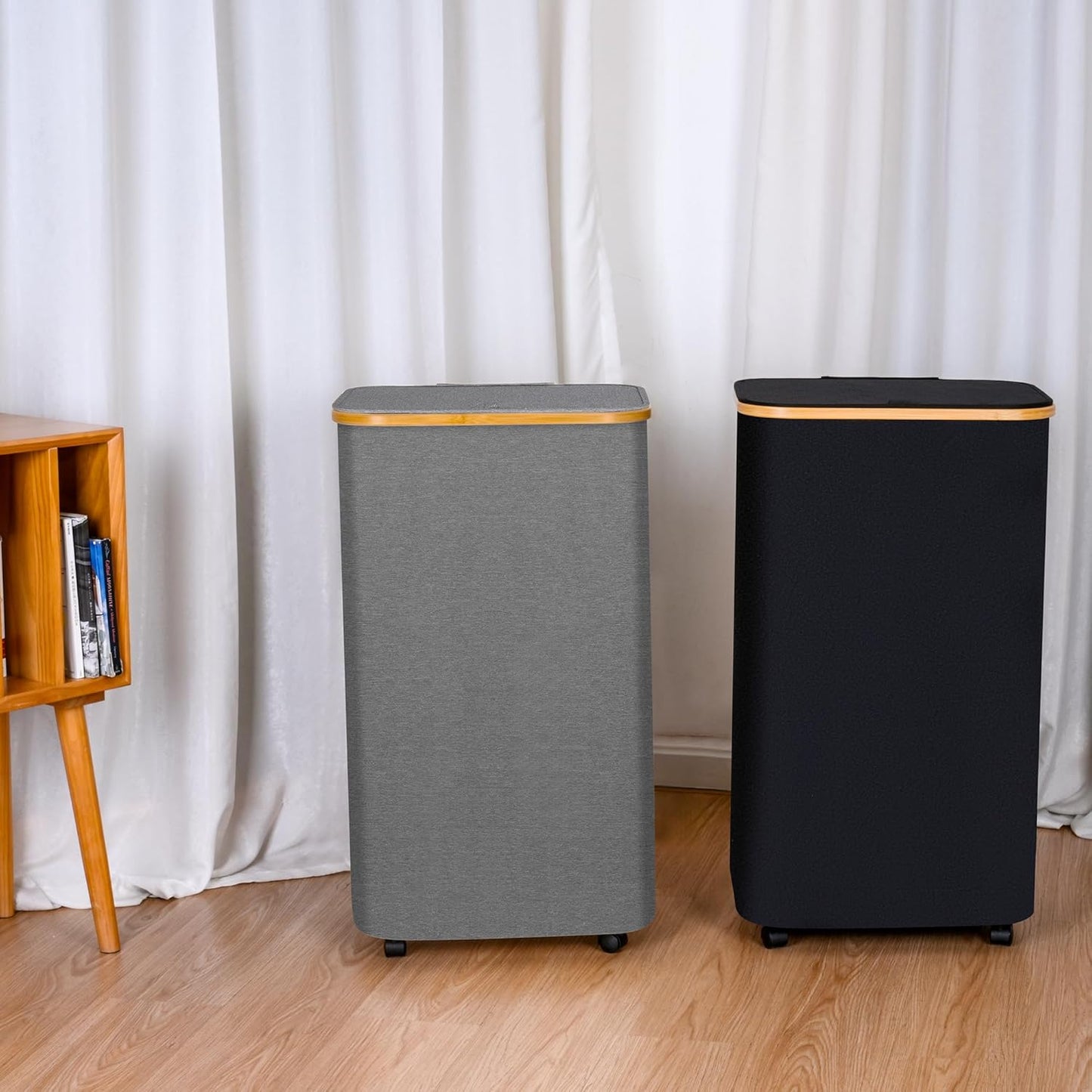 Laundry Basket with Wheels,100L Hampers for Laundry,Large Laundry Hamper with Lid and Bamboo Handles,Collapsible & Waterproof Tall Cloth Hamper for Dormitory Family,Grey