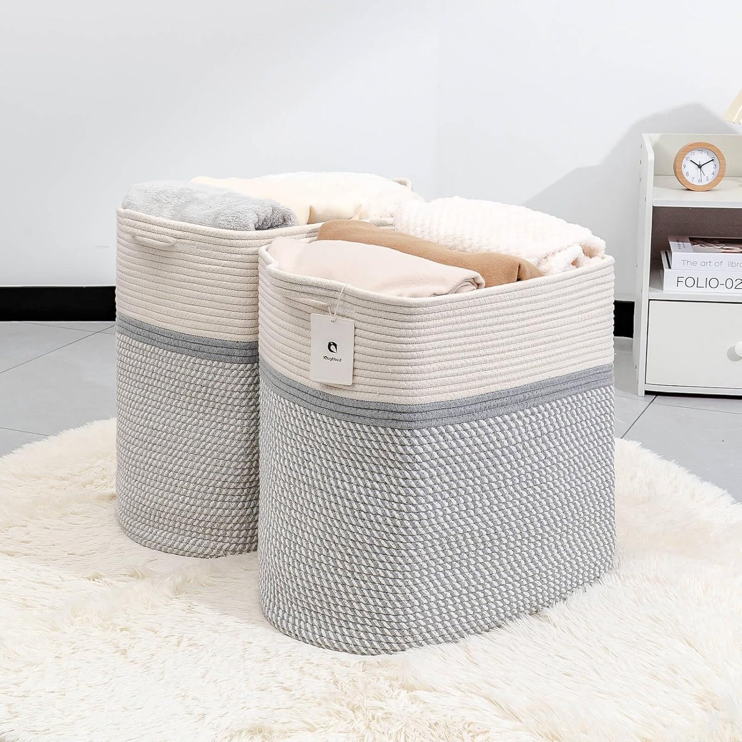 Storage Baskets for Clothes Fabric Cotton Rope Storage Basket with Handles, Decorative Woven Basket for Living Room,Closet Organizer Blankets, and 2bags (White/Gray, L17.8×W12.5×H17.9)
