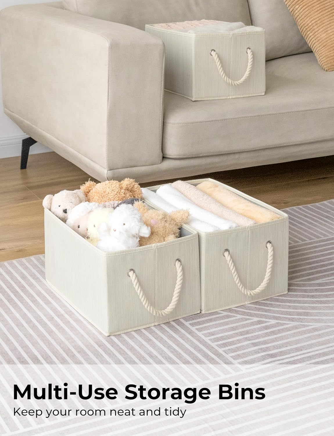 StorageWorks Storage Baskets for Shelves, Foldable Fabric Closet Storage Bins with Handles, Fabric Storage Bins Clothes Organizer, Beige, White & Ivory, 3-Pack, Large
