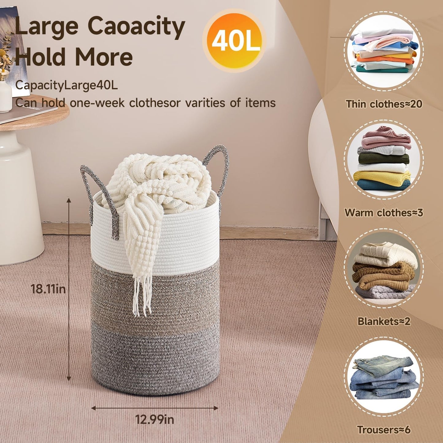 CLHMILY&Z 40L Laundry Basket Round Storage Rope Basket - 13x18 Inches - Laundry Hamper in Bedreoom and Mutil Storage Bin for Blankets, Toys, and Nursery Essentials
