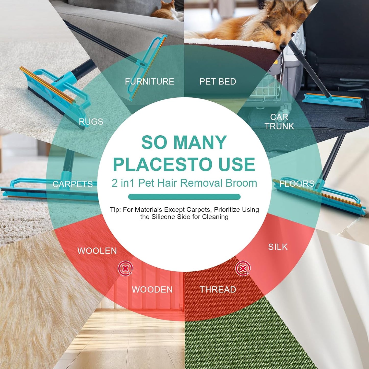 Carpet Rake for Pet Hair Removal Tool, Reusable Pet Hair Remover Broom with 56” Long Handle, Cat & Dog Hair Carpet Scraper for Rugs Mats Couch