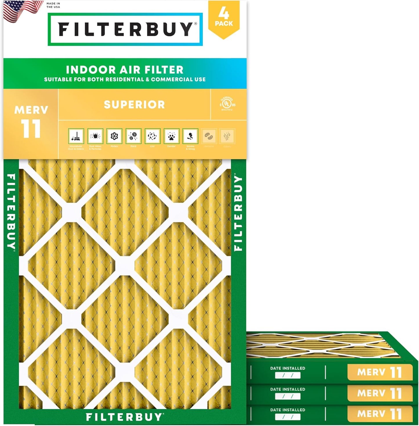 Filterbuy 8x24x1 Air Filter MERV 11 (MPR 1200) Allergen Defense Replacement (4-Pack), Electrostatic Pleated HVAC AC Furnace Filters, Made in USA (Actual Size: 8.00 x 24.00 x 0.75)