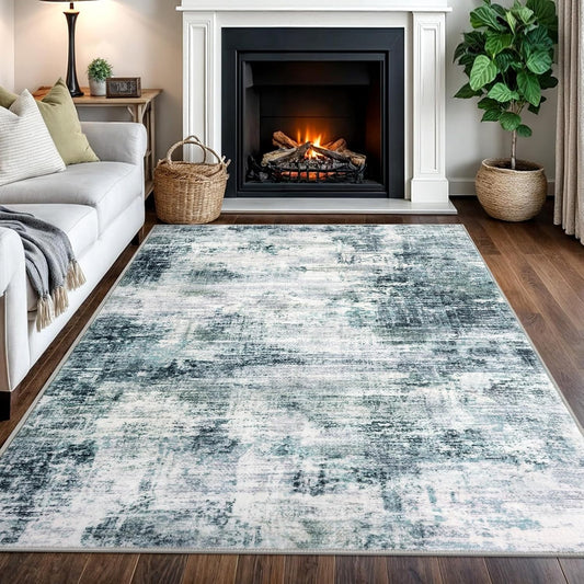 IOHOUZE Modern Abstract Area Rugs 5x7 Ft Washable Rugs for Living Room, Non Slip Dining Room Rug, Printed Faux Wool Rugs for Bedroom, Floor Carpet for Office Nursery Playroom, Sage Grey