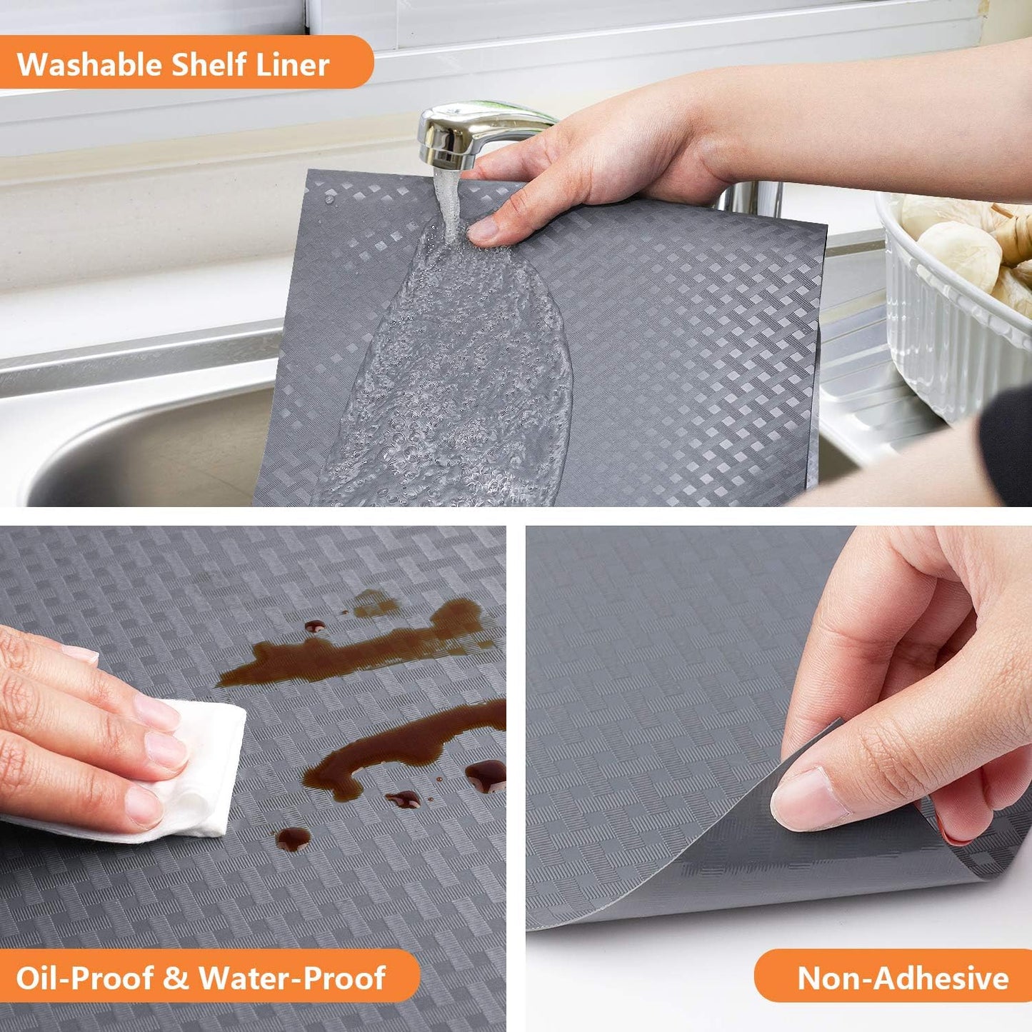 Shelf Liners for Kitchen Cabinets Refrigerator Liners Waterproof Kitchen Cupboard Liner Non-Slip Drawer Mats EVA Material Non Adhesive Fridge Liner for Shelves - Gray 17.5 x 236.2 Inches x 2 Rolls