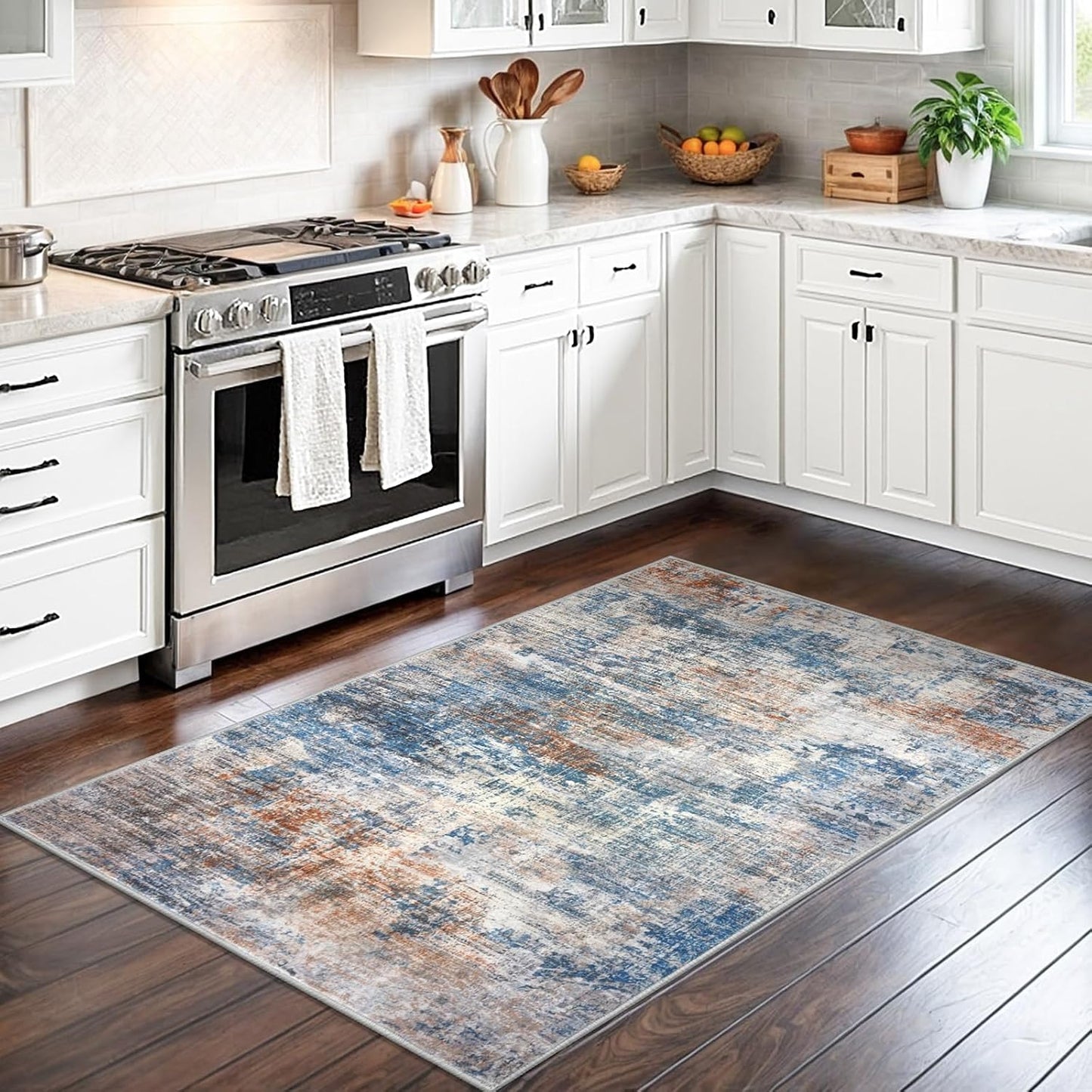 IOHOUZE Abstract Area Rug 3x5 Ft Washable Rugs for Entryway Indoor, Non Slip Kitchen Rug Printed Faux Wool Throw Rugs, Indoor Door Mat for Door Entrance Foyer Living Room, Blue Rust