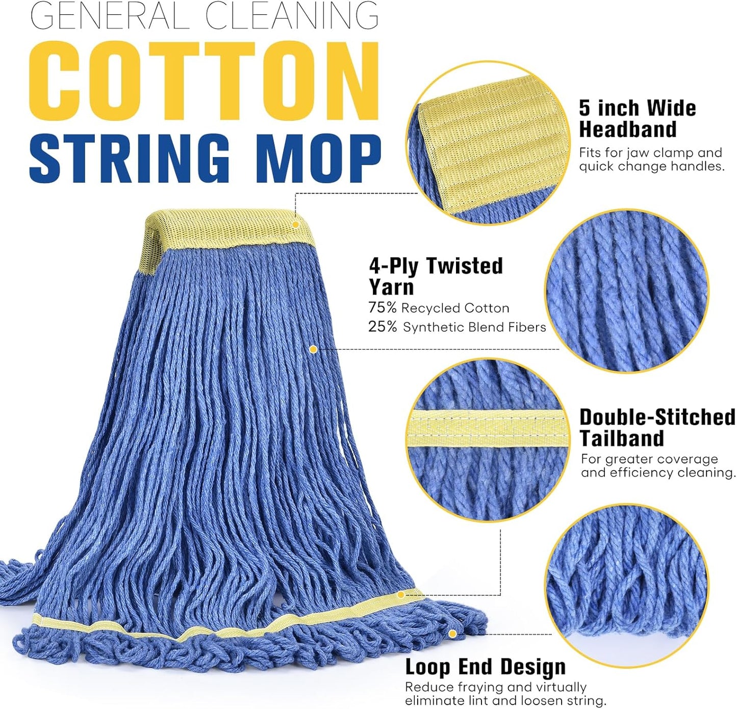 Matthew Cleaning Commercial Mop Head Replacement, 5 Inch Wide Headband, Looped End Cotton Blend String Wet Mops for Floor Cleaning, 24 oz Large, 3-Pack Blue