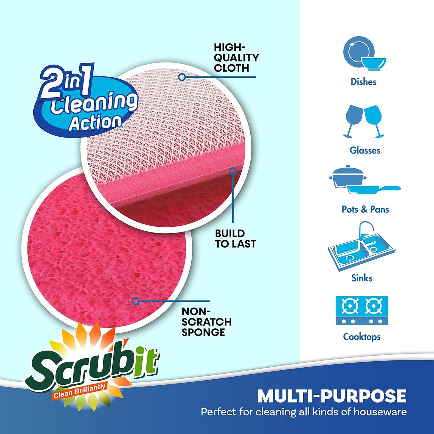Scrub and Wipe Scrubbing Pads [10 Pack] – SCRUBIT Dual Sided Scouring Pad and Sponge - Reusable Kitchen Scrubbing Sponges for Dishes, Pots, Pans Utensils & Non-Stick Cookware (Pink)
