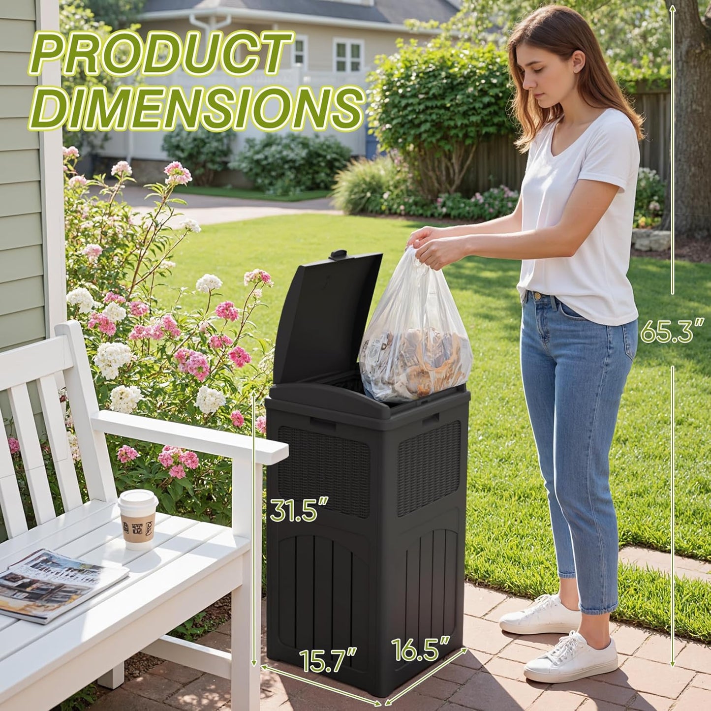Greesum 33 Gallon Outdoor Trash Can with Lid, Waterproof Resin Garbage Bin for Hideaway, Deck, Patio, 4 Pack, Gray