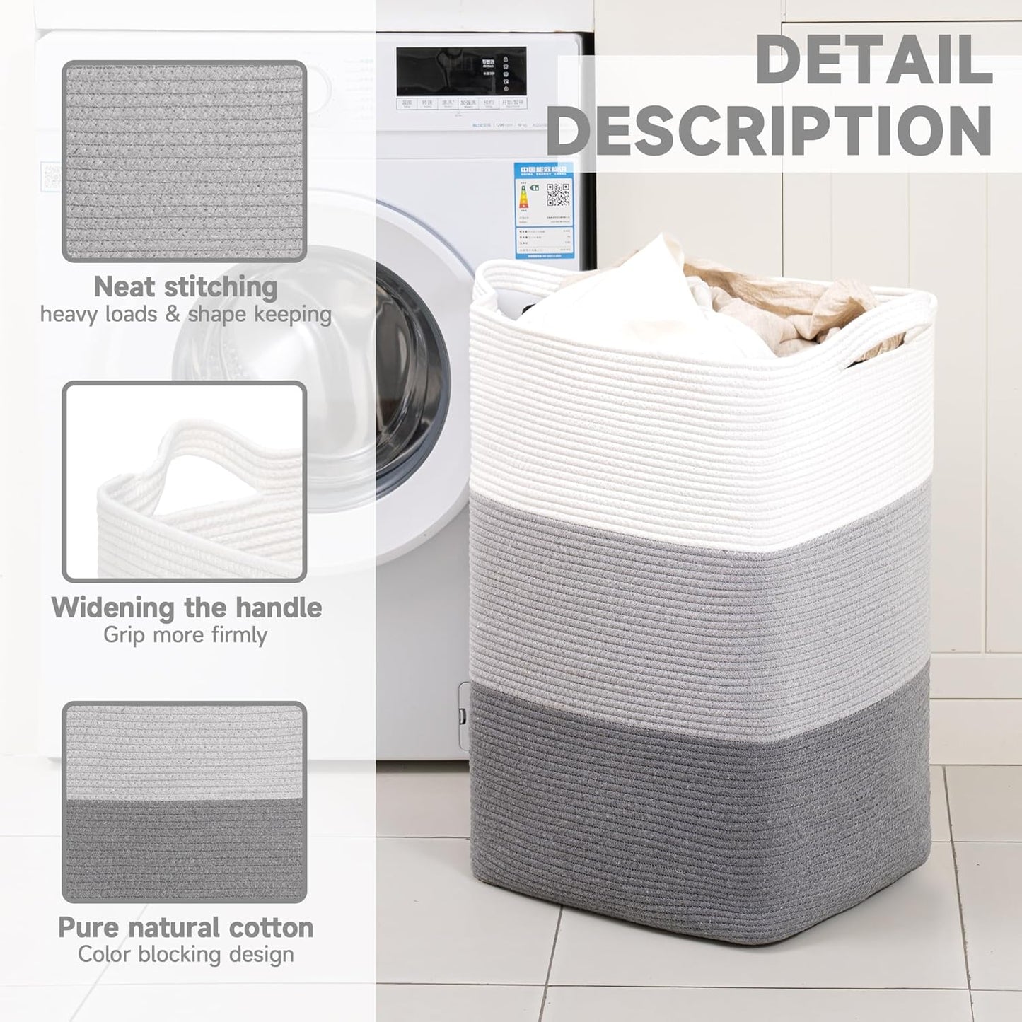 CLHMILY&Z 75L Laundry Basket Rectangular Grey Rope - 16x13x22 Inches - Dirty Clothes and Soft Storage Bin for Blankets, Toys, and Nursery Essentials