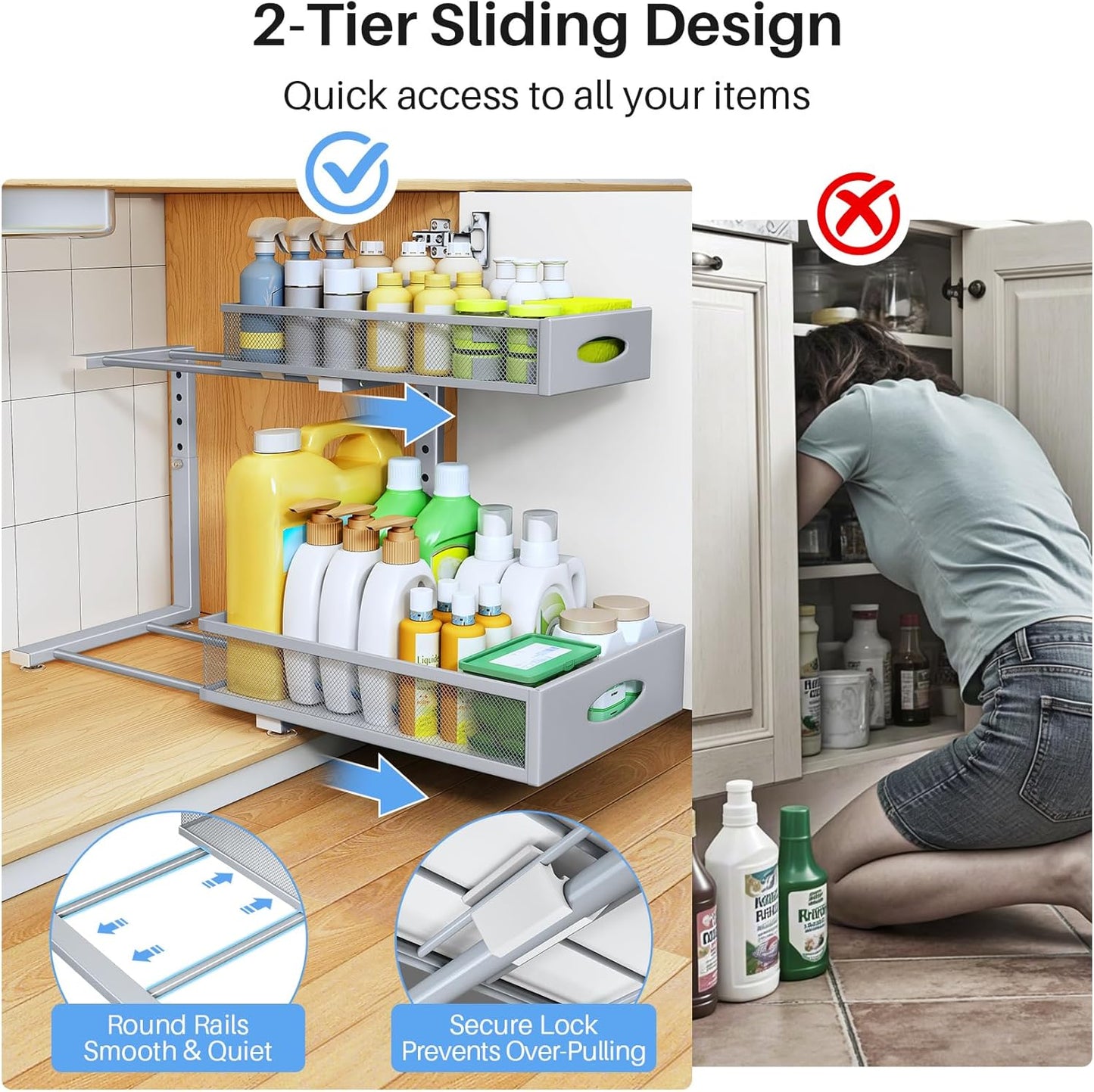 Under Sink Organizer, 2 Tier Pull Out Under Cabinet Organizer Shelf with Pad for Framed Cabinets, Metal Slide Out Under Sink Storage, Mesh Sliding Drawers for Kitchen Bathroom Laundry(Grey, 1 Pack)