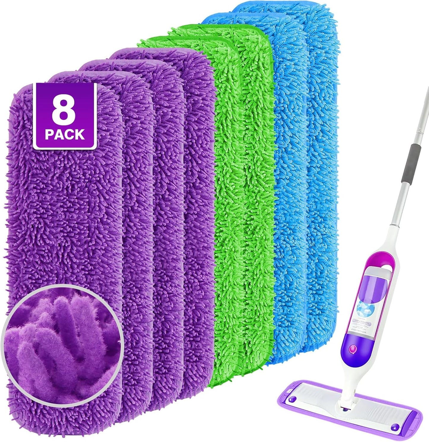 Reusable Mop Pads for Swiffer PowerMop, 8 Pack Microfiber Mop Pad Refill with Scrubber Strips for 13''-15'' SprayMop, Washable Mop Pads Use for Most Floor Types, Designed for Pets - Multicolor