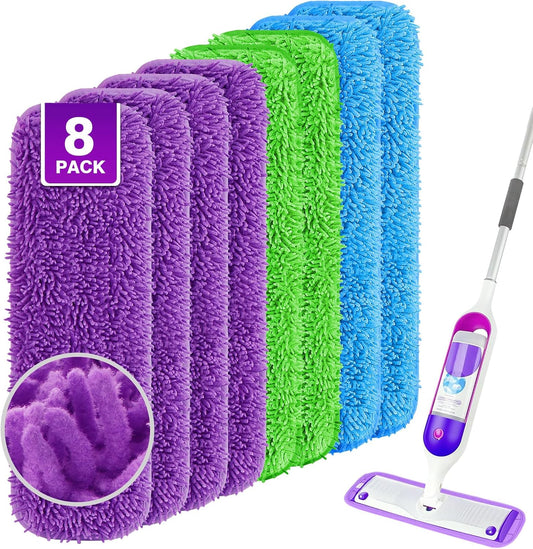 Reusable Mop Pads for Swiffer PowerMop, 8 Pack Microfiber Mop Pad Refill with Scrubber Strips for 13''-15'' SprayMop, Washable Mop Pads Use for Most Floor Types, Designed for Pets - Multicolor