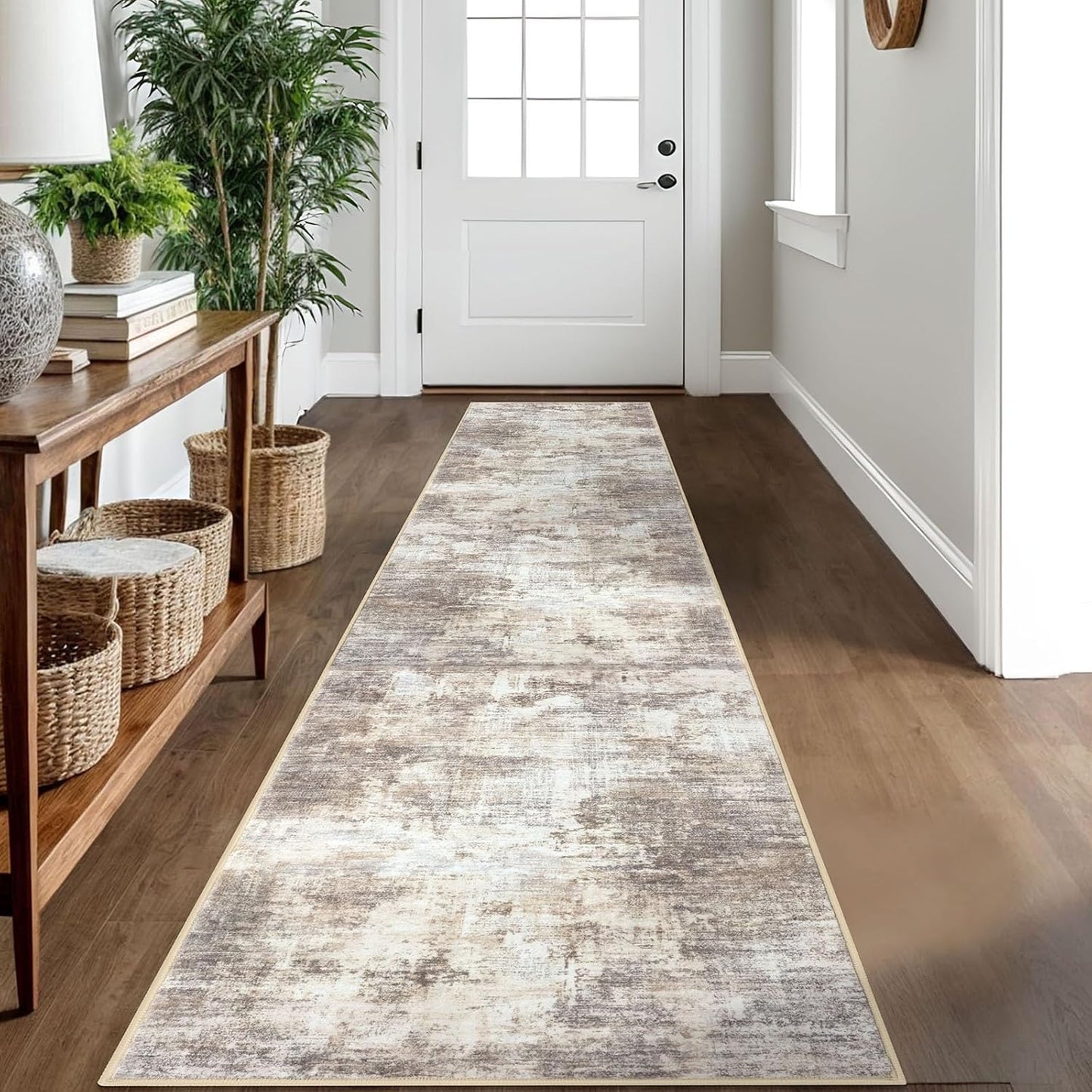 IOHOUZE Abstract Runner Rug 2x10 Ft Washable Runners for Hallways, Non Slip Kitchen Runner Printed Faux Wool Entryway Runner Indoor, Modern Abstract Floor Carpet for Hall Kitchen, Beige Brown