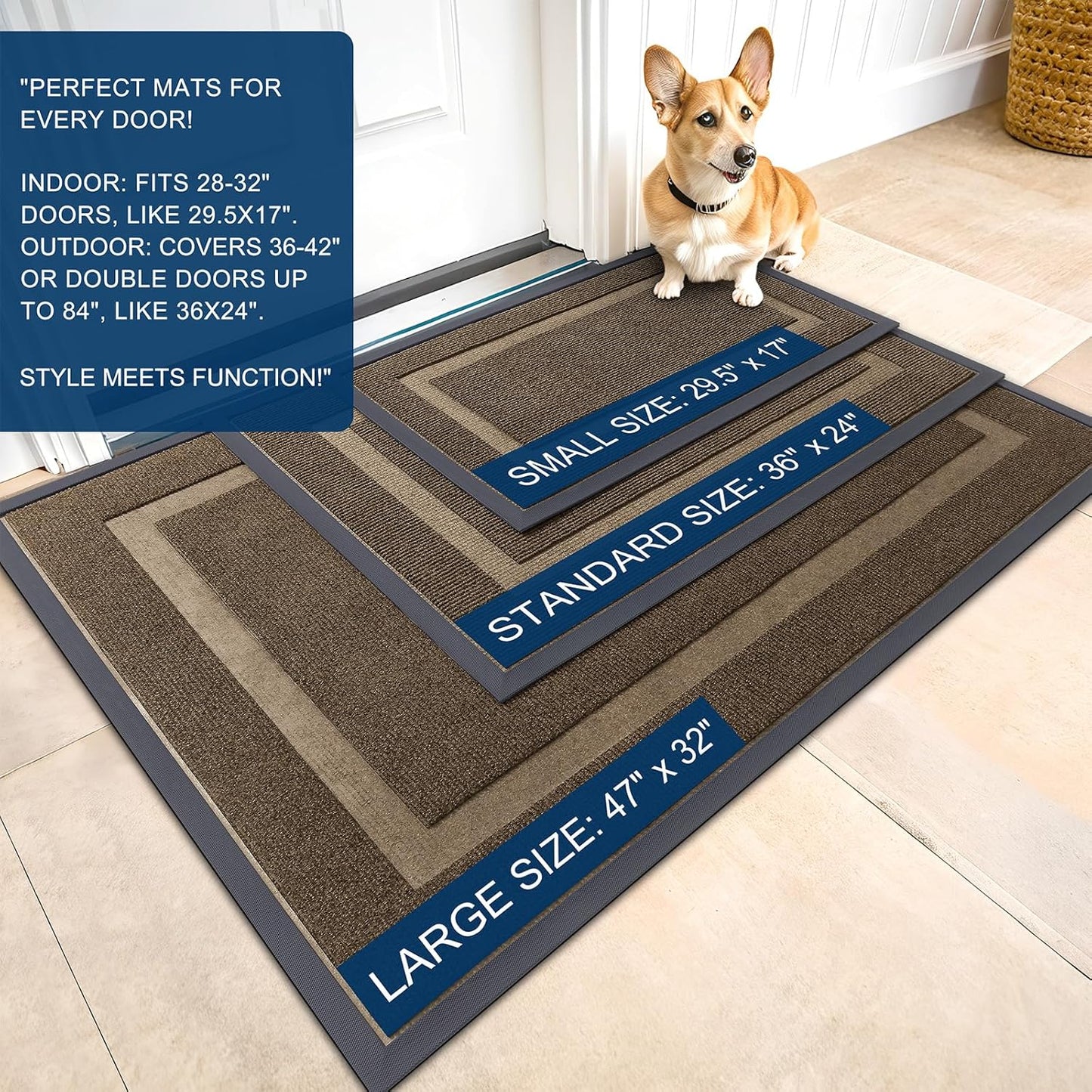 OLANLY Front Door Mat Indoor Outdoor Entrance, Waterproof All-Season, All-Weather Doormat, Sturdy Natural Rubber, Fade Resistant, Low Profile, Easy Clean Patio Porch Entryway Mat, 59x23, Brown