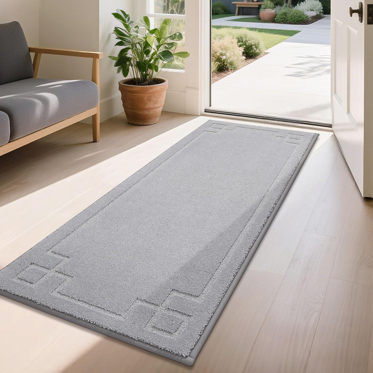 BEQHAUSE Door Mat 24" x 60", Non-Slip Door Mats Indoor Entryway Rugs Washable Low-Profile Absorbent and Stain Resist Floor Mats, Dog Door Mat for Front Back Door, Muddy Wet Shoes & Paws, Light Grey