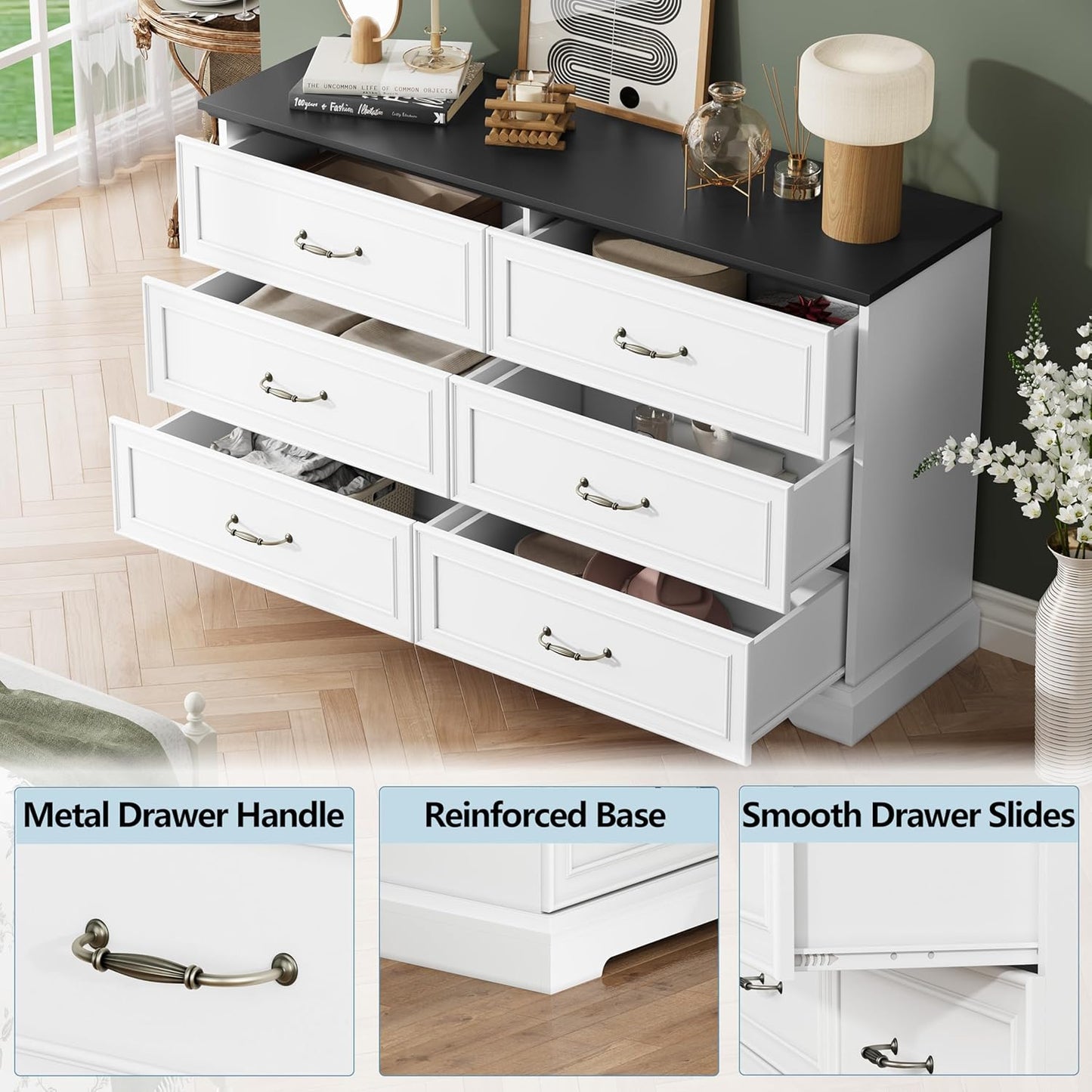 6 Drawer Dresser for Bedroom, 53" Wide Wooden Chest of Drawers, Rustic Farmhouse Dresser with Large Drawers & Metal Handles, Modern Storage Organizer for Closet, Living Room, Hallway, White