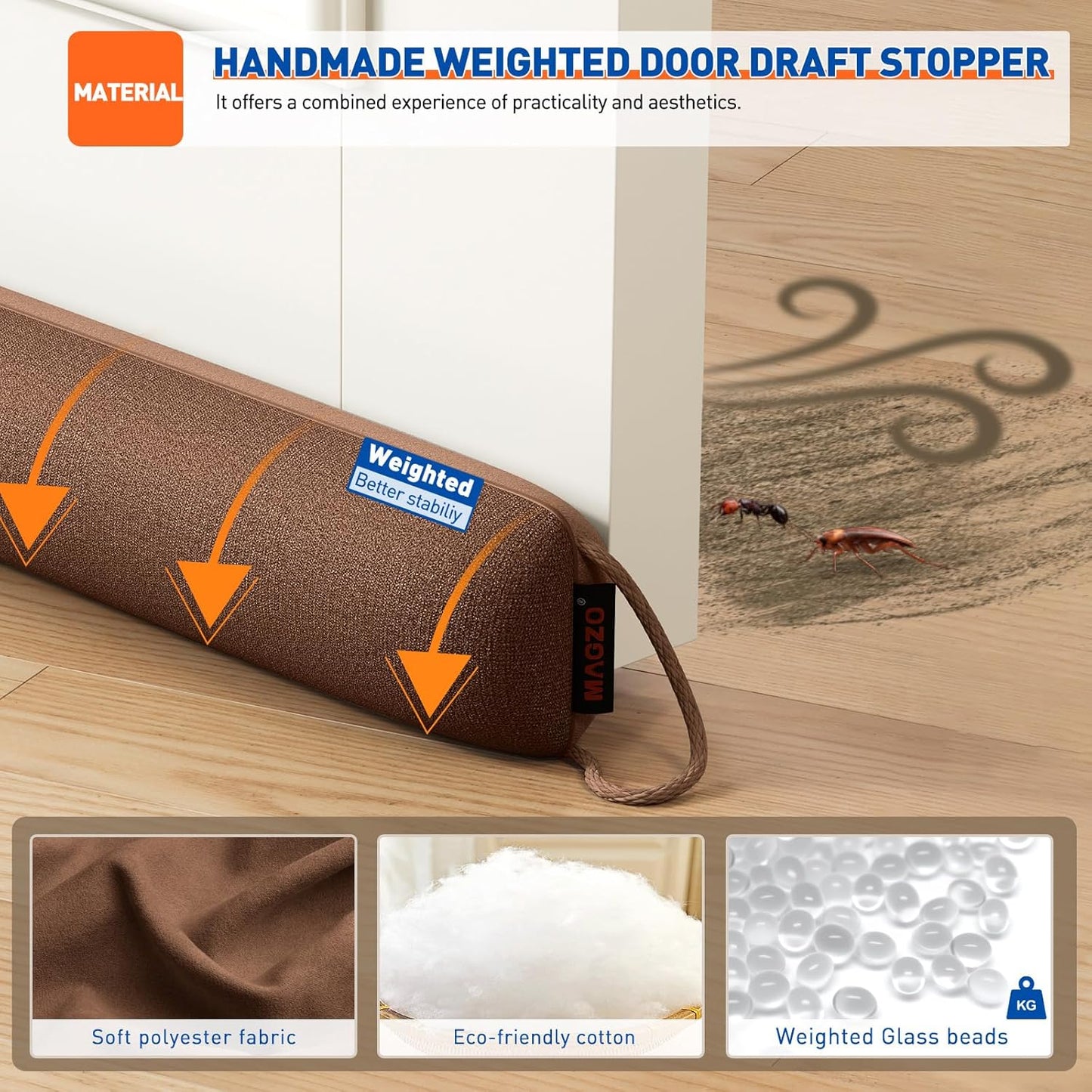 MAGZO Door Draft Stopper, 32 Inch Under Door Draft Blocker Noise Stopper, Weighted Wind Blocker Draft Guard for Bottom of Door, Brown