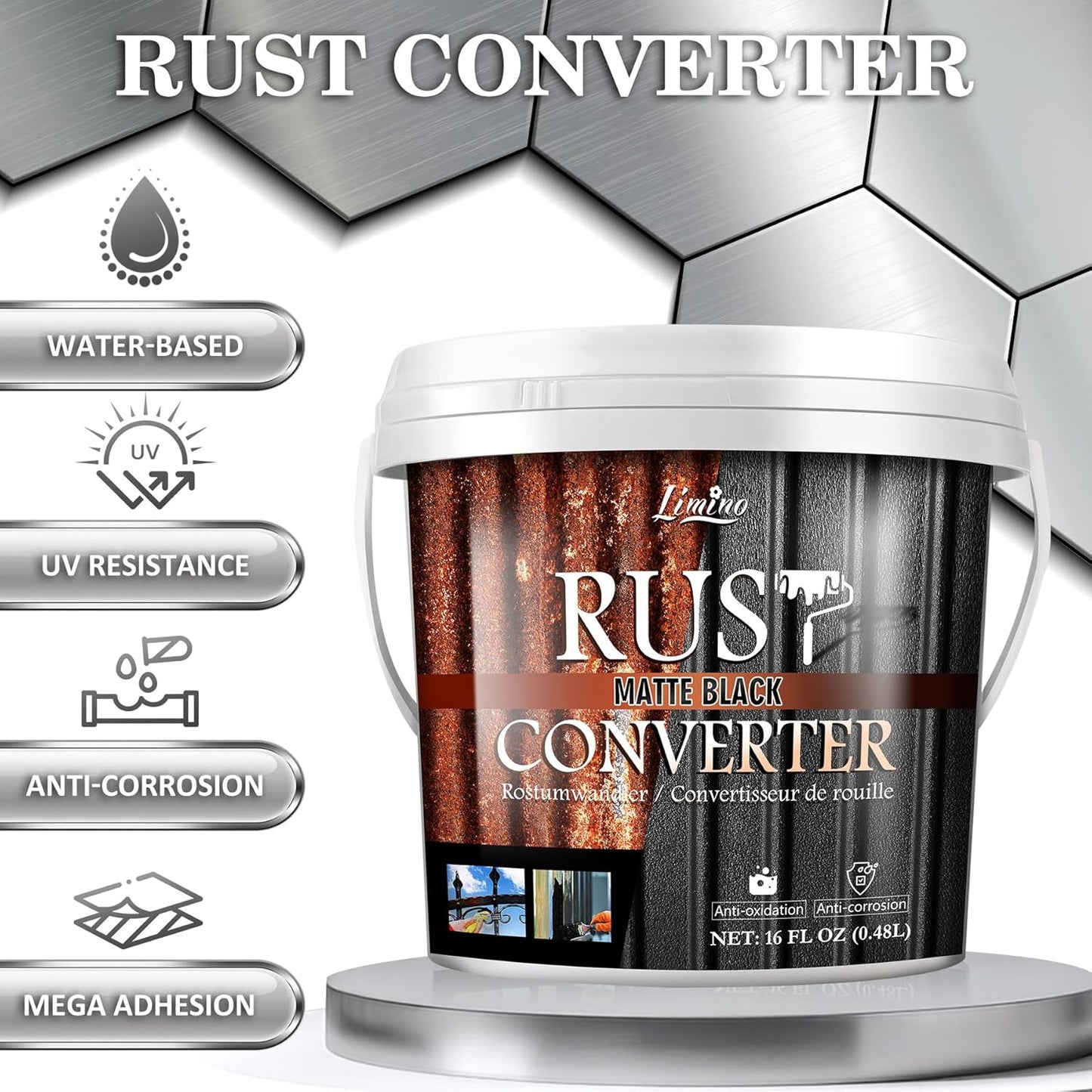 Rust Converter for Metal - Black Metal Primer and Rust Remover, Reformer ＆ Encapsulator, Long-lasting Anti-Rust Effect, Inhibitor Paint for Cars and Various Surfaces - 16 fl. oz