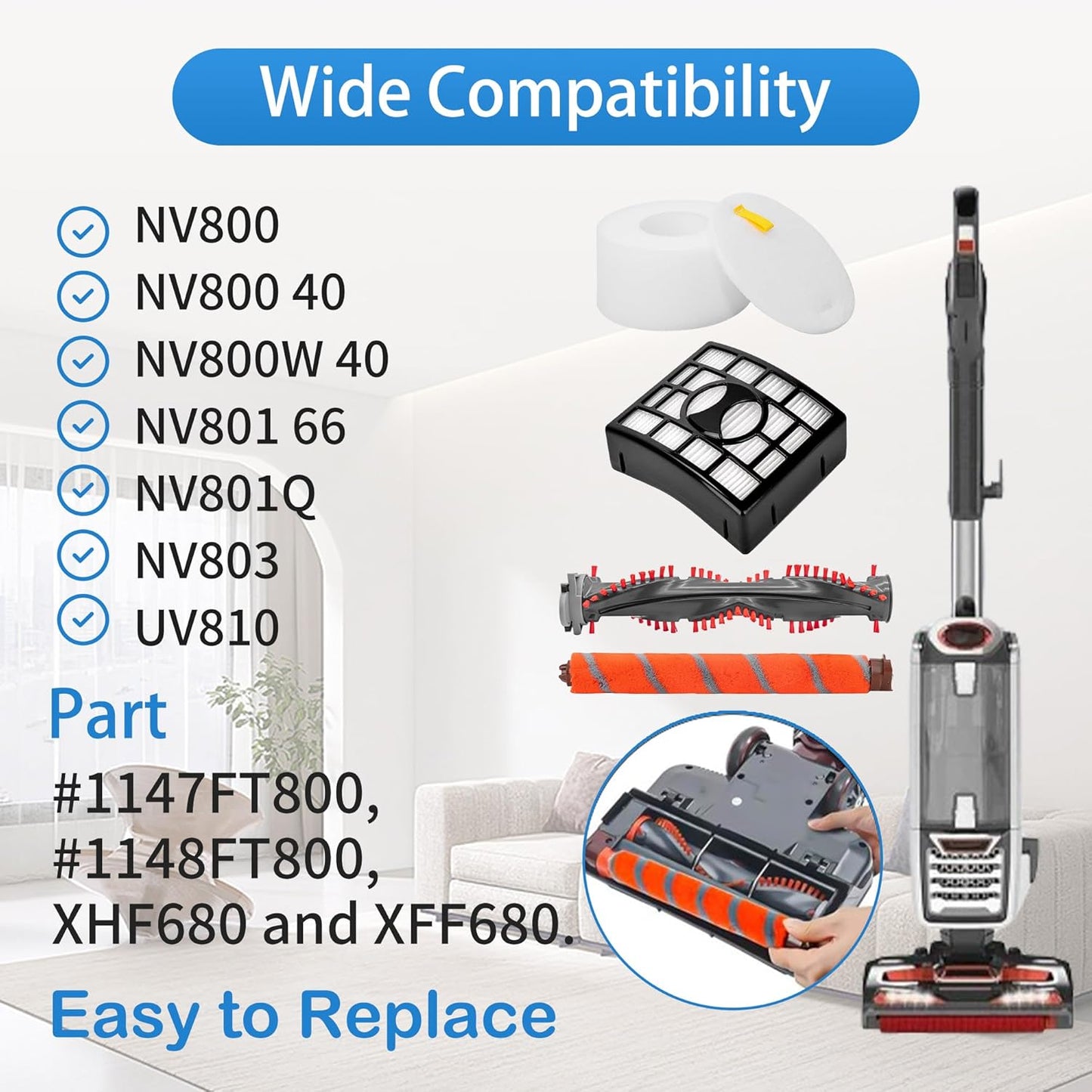 Soft Bristle Brushroll Roller Hepa Foam Filter Replacement Parts Compatible with Shark DuoClean NV800 NV800W NV801 NV801Q NV803 UV810 Vacuum