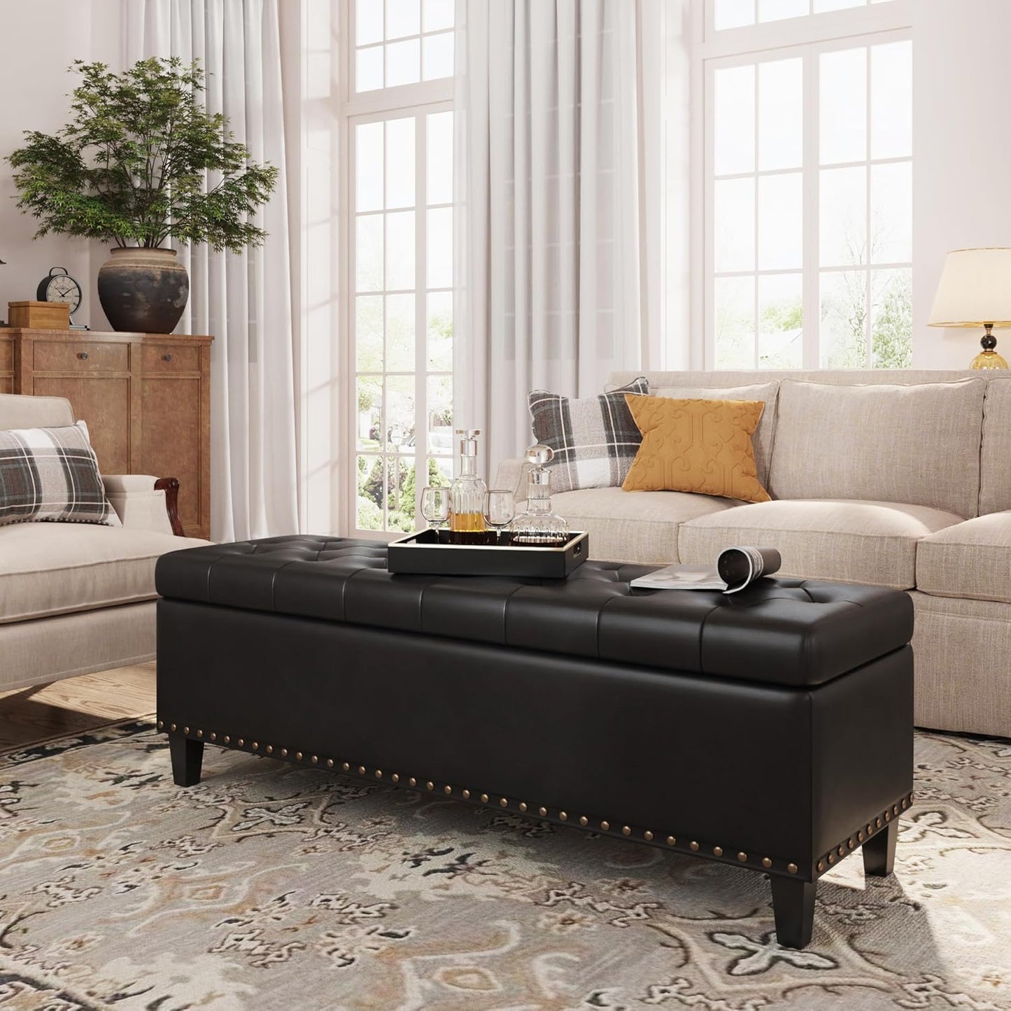 Storage Ottoman Bench, 51-Inch Large Storage Bench for Bedroom End of Bed, 30 Gallons Faux Leather Bench with Storage for Bedroom, Living Room, Entryway, Hallway, Black