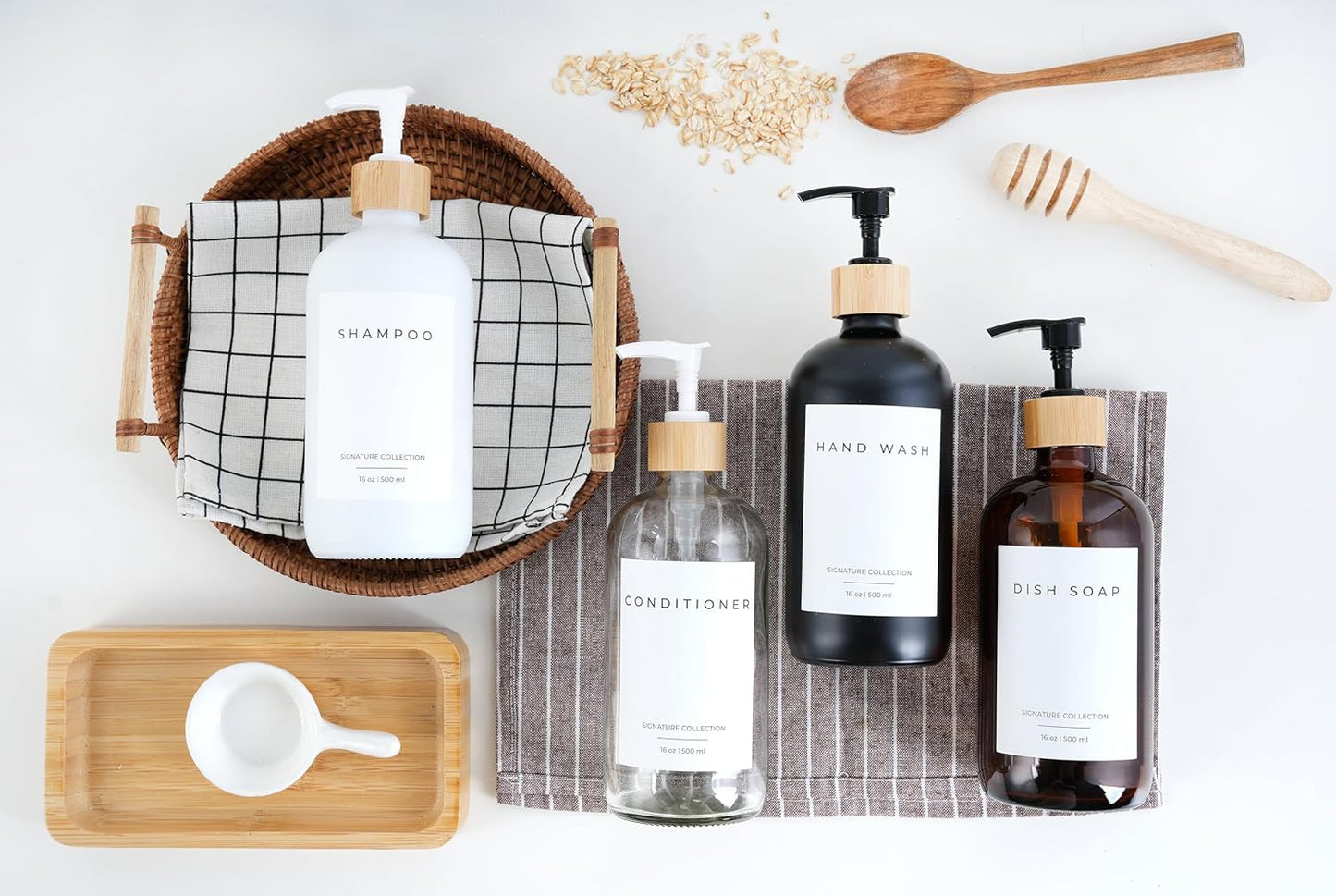 Emerson Soap Dispenser, Dish Soap Dispenser for Kitchen, Soap Dispenser Bathroom Set, Hand Soap Dispenser, Kitchen Soap Dispenser Set - Glass Soap Dispenser with Pump and Labels, 16 Oz, 2 Pack