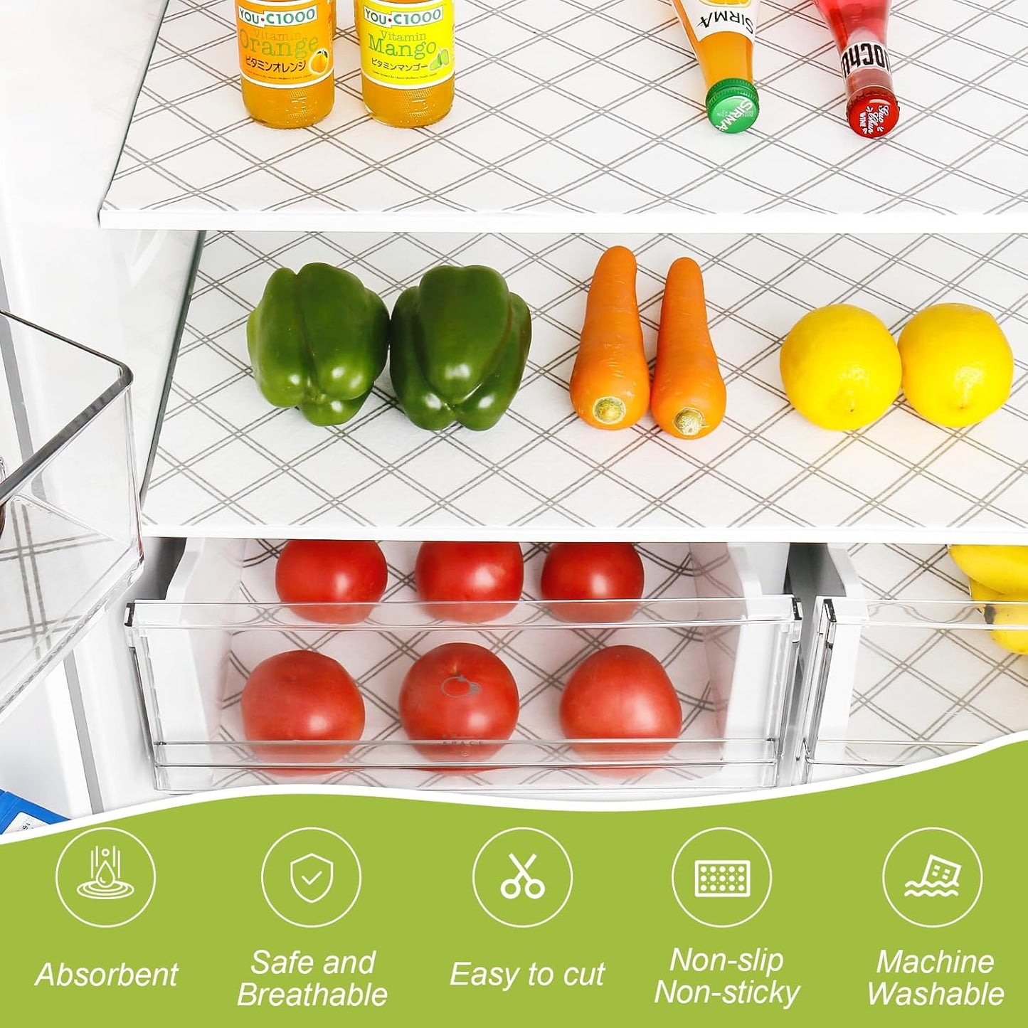 Cooyes 6pcs 12" x 24" Refrigerator Drawer Liners, Fridge Organizers and Storage, Washable Absorbent Fridge Bin Liners, Refrigerator Shelf Mats Air Circulating Non-Slip Non-Adhesive