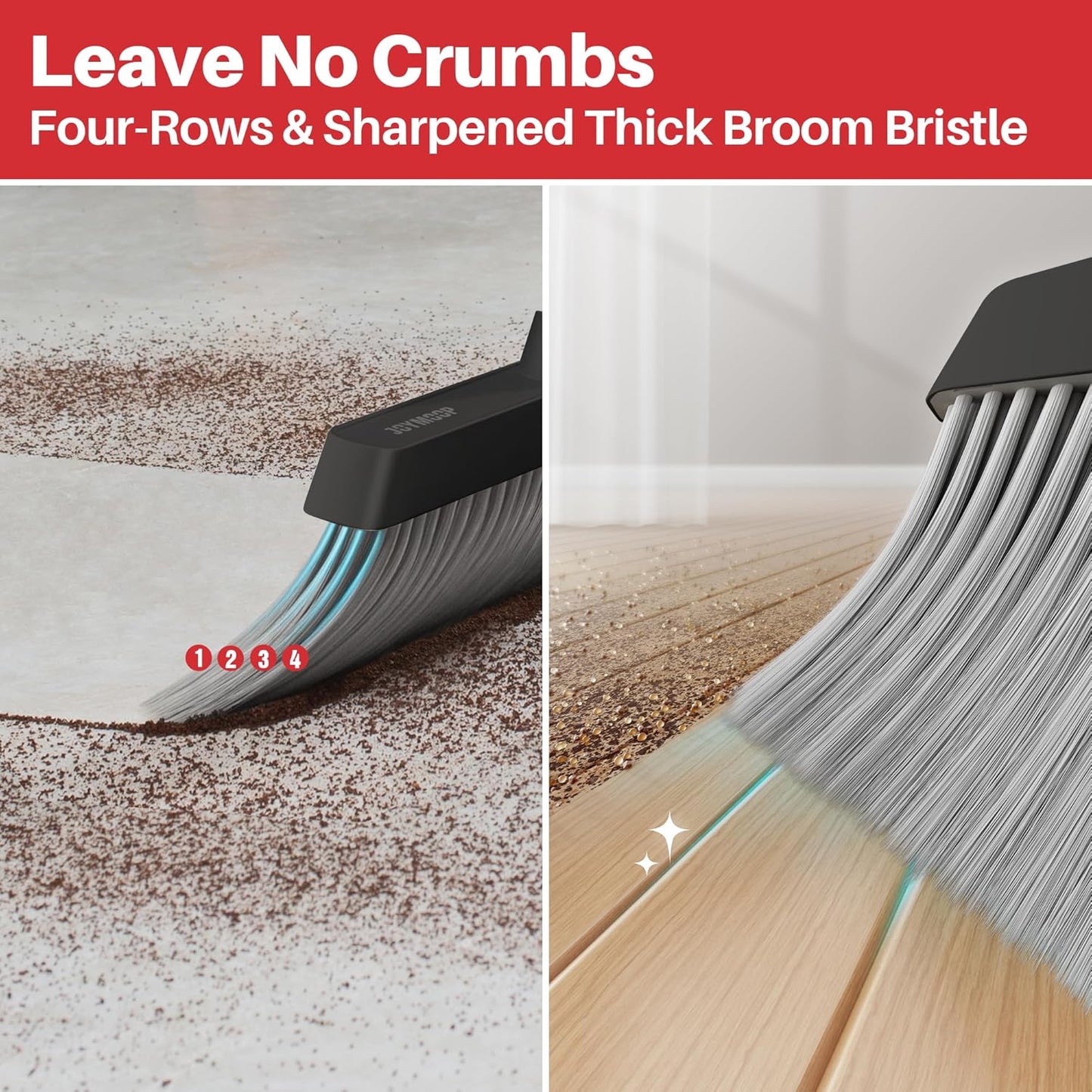 JOYMOOP Black and Red Broom and Dustpan Set, Upright Angle Design with Built-in Comb Teeth for Home, Office, Hard Floors