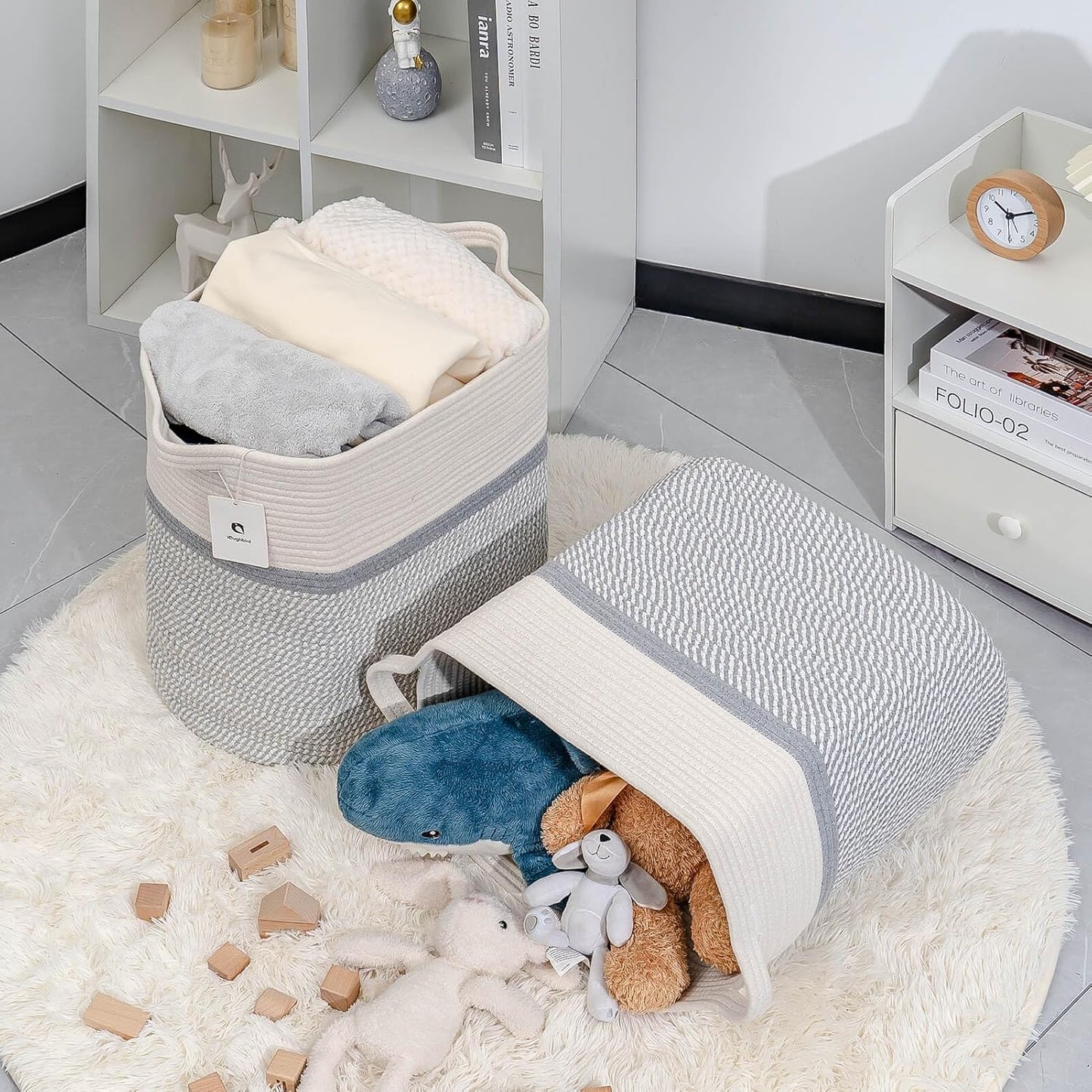 Storage Baskets for Clothes Fabric Cotton Rope Storage Basket with Handles, Decorative Woven Basket for Living Room,Closet Organizer Blankets, and 2bags (White/Gray, L17.8×W12.5×H17.9)