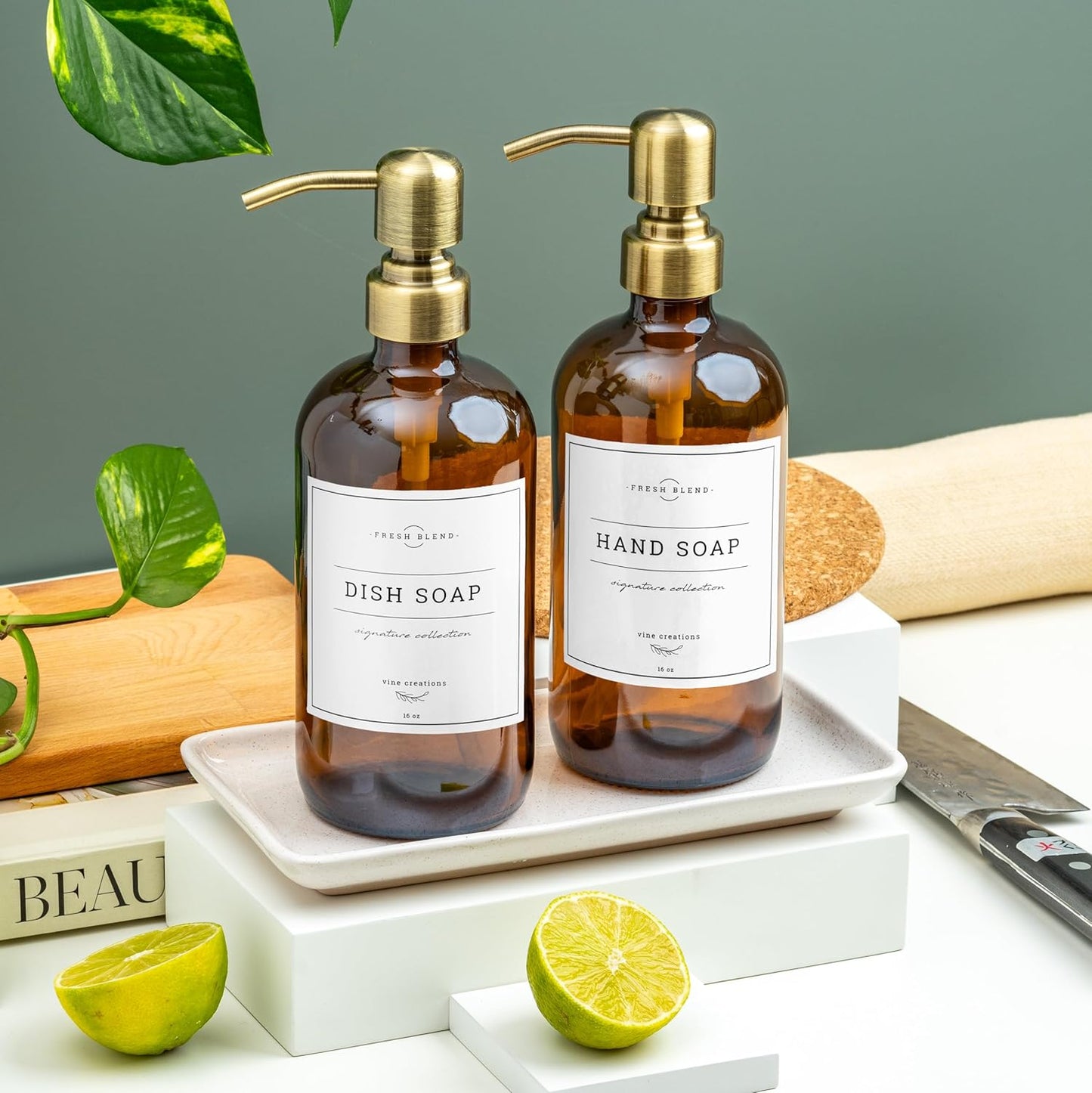 Vine Creations Amber Glass Soap Dispenser, 2 Pack Kitchen Soap Dispenser Set with Ceramic Tray, Stainless Steel Pump, Dish Soap and Hand Soap Dispensers for Bathroom Decor with Waterproof Labels