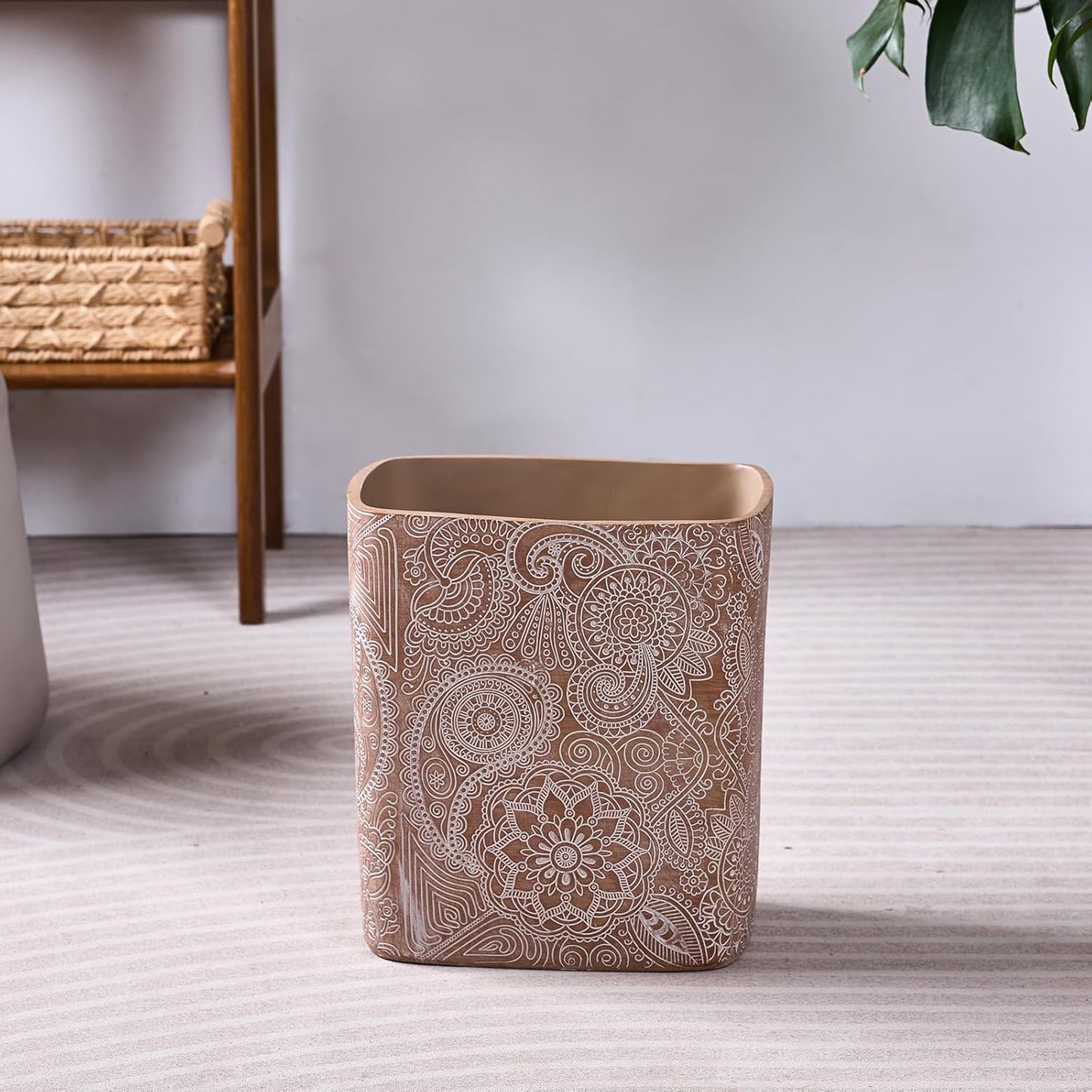 Polytree Boho Flowers Bathroom Trash Can 1.8 Gallon(7 Liter) Small Kitchen Garbage Can,Living Room Bedroom Trash Can, Decor Wastebasket for Home Office,Retro Brown