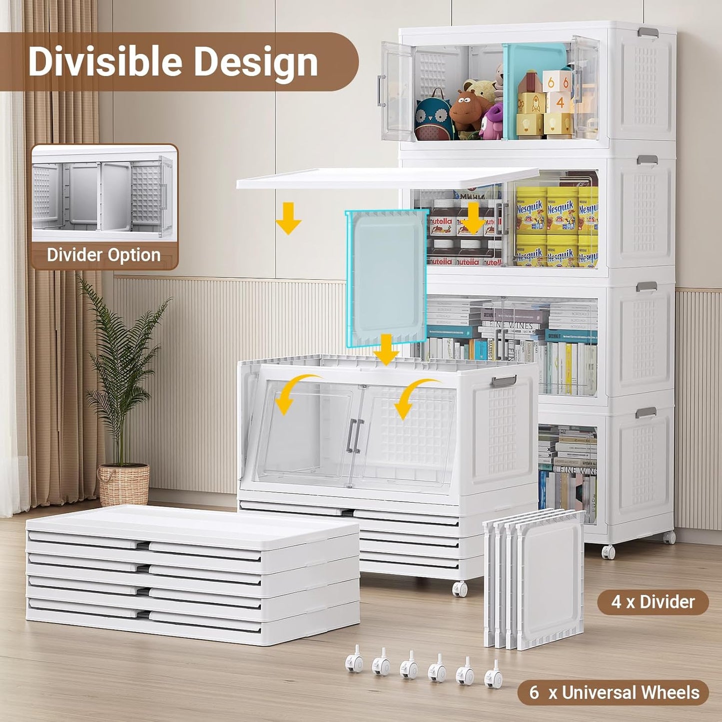 BROVIEW 800 Qt Plastic Storage Bins with Lid, Doors & Wheels, 4Pack Extra Large Stackable Collapsible Storage Bins, Closet Organizers and Storage Drawer, Foldable Cabinets for Home Office, White